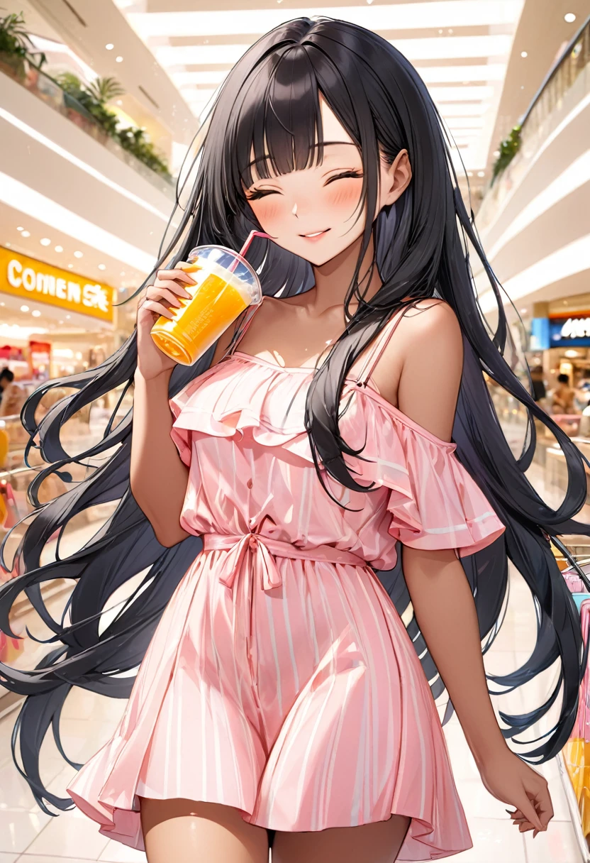 (beautiful detailed dark tan skin:1.7, beautiful dark-skinned female, tanned), (solo:2, 15 yo), (beautiful detailed blunt bangs:1.3), (beautiful detailed black hair long hair) (best beauty girl, sexy closed eyes, glossy lip, best sexy smile:1.1), in a cute Off-the-shoulder camisole dress, break, in the cool shopping mall, girl is holding cup drink, BREAK, perfect anatomy, masterpiece, best quality, 16k, beautiful detailed summer, daydreaming expression.
