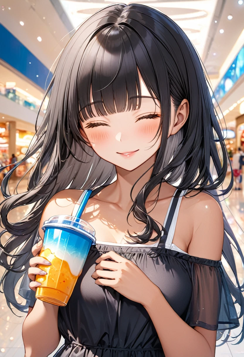 (beautiful detailed dark tan skin:1.7, beautiful dark-skinned female, tanned), (solo:2, 15 yo), (beautiful detailed blunt bangs:1.3), (beautiful detailed black hair long hair) (best beauty girl, sexy closed eyes, glossy lip, best sexy smile:1.1), in a cute Off-the-shoulder camisole dress, break, in the cool shopping mall, girl is holding cup drink, BREAK, perfect anatomy, masterpiece, best quality, 16k, beautiful detailed summer, daydreaming expression.