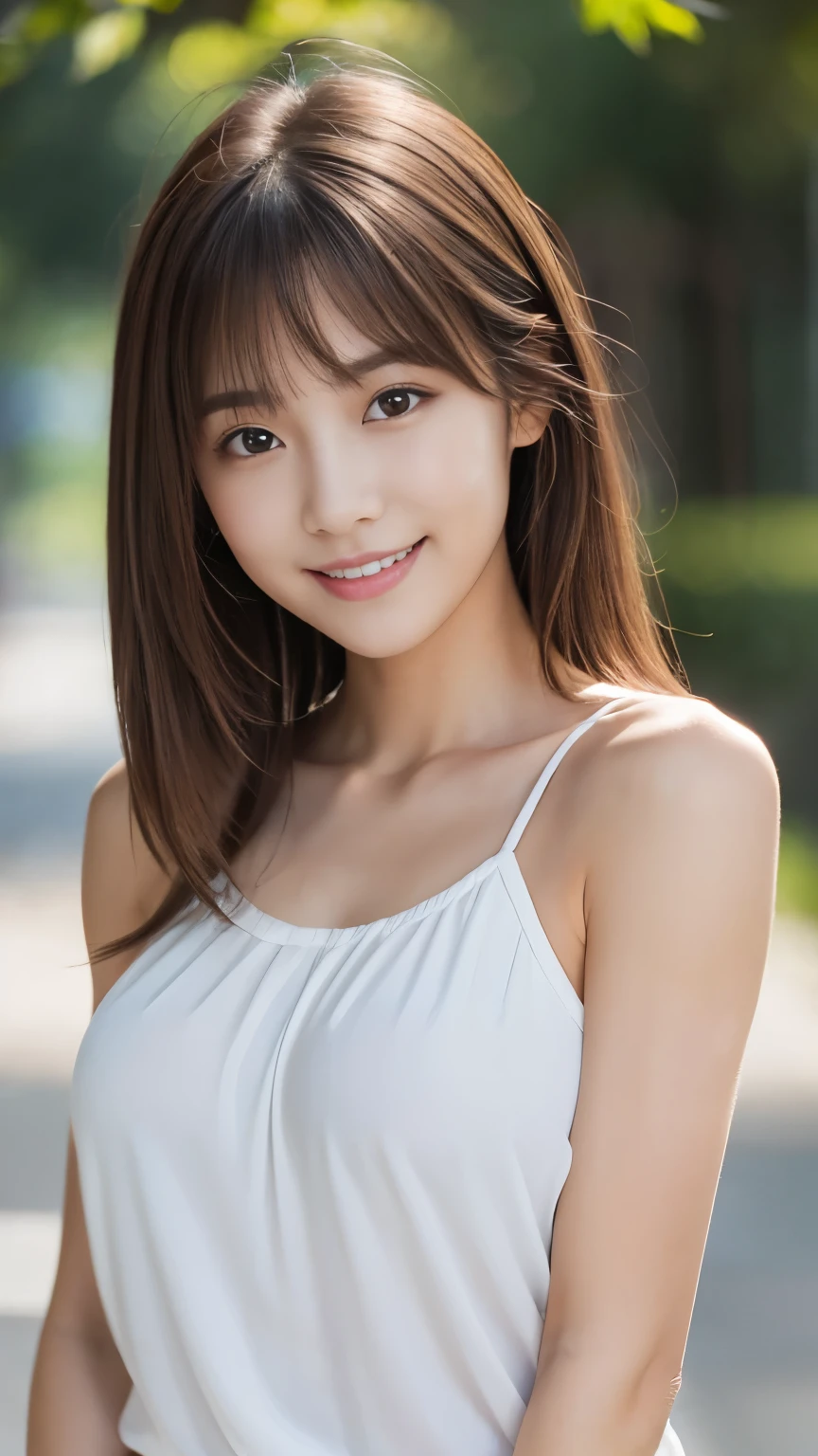 masterpiece, best quality, ultra high res, ultra detailed, sharp focus, 1girl, solo, a stunning pretty and beautiful Japanese sexy model, 19yo, looking at viewer:1.3, (bright smile:0.6), wearing a (blouse), dusk, sunset, night, realistic, slender, (standing:1.1), (looking at the viewer:1.3), sexy gaze, blush, (upper body shot:1.6), medium hair, messy hair, asymmetrical bangs, light brown hair, messy hair style, ((Pure white camisole、Hands behind head、smile、Light clothing))