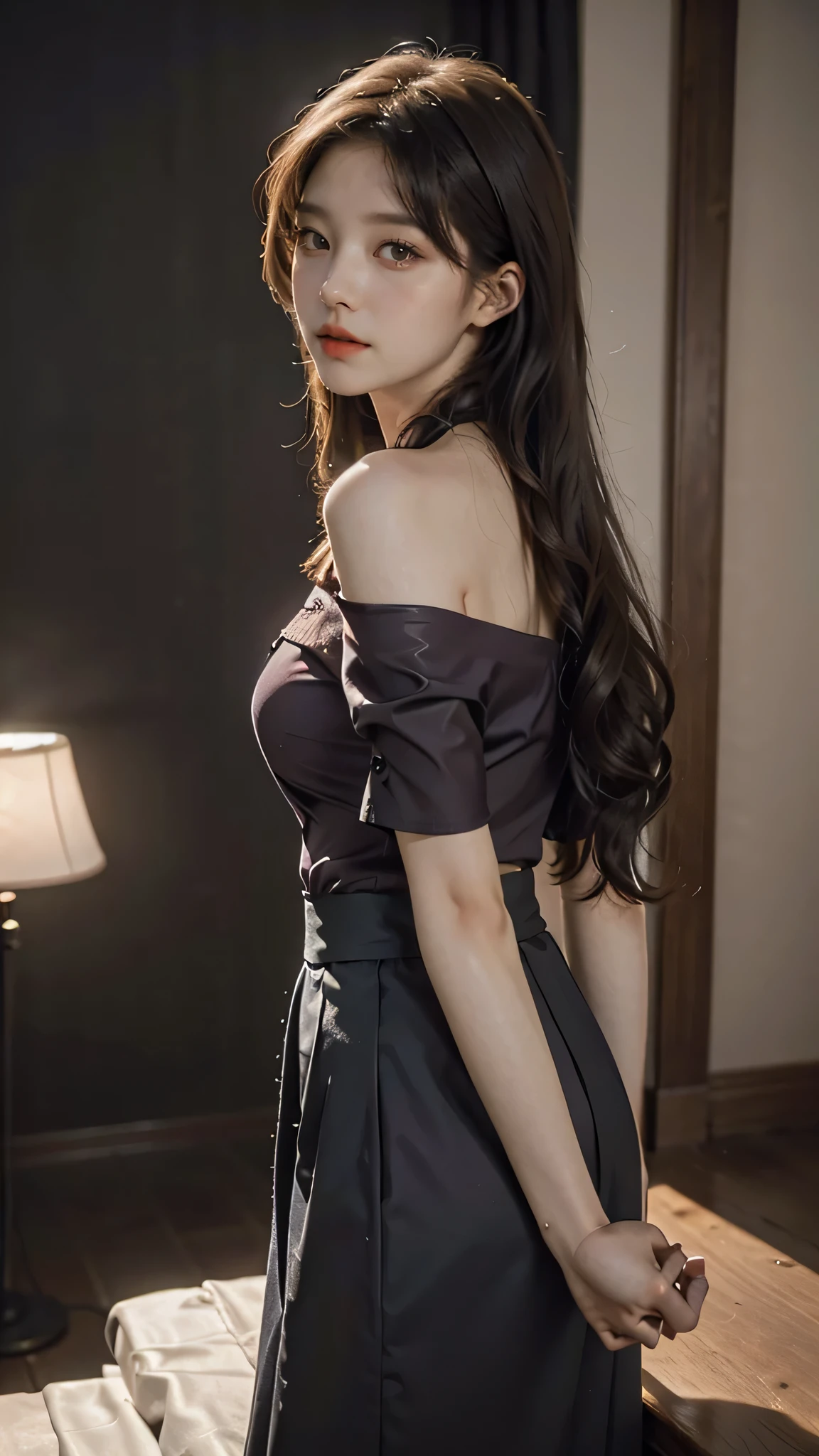 detailed background, masterpiece, best quality, 1 person , curly hair, long hair, purple eyes, star in eye , sharp red Strapless blouse, long skirt, red color