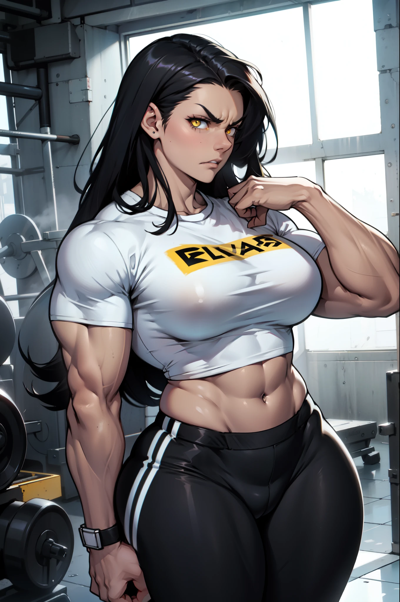 pale skin very long hair 1 girl black hair yellow eyes angry ((1 girl muscular toned body)) bodybuilder curvy wide hips thick thighs tight shirt huge