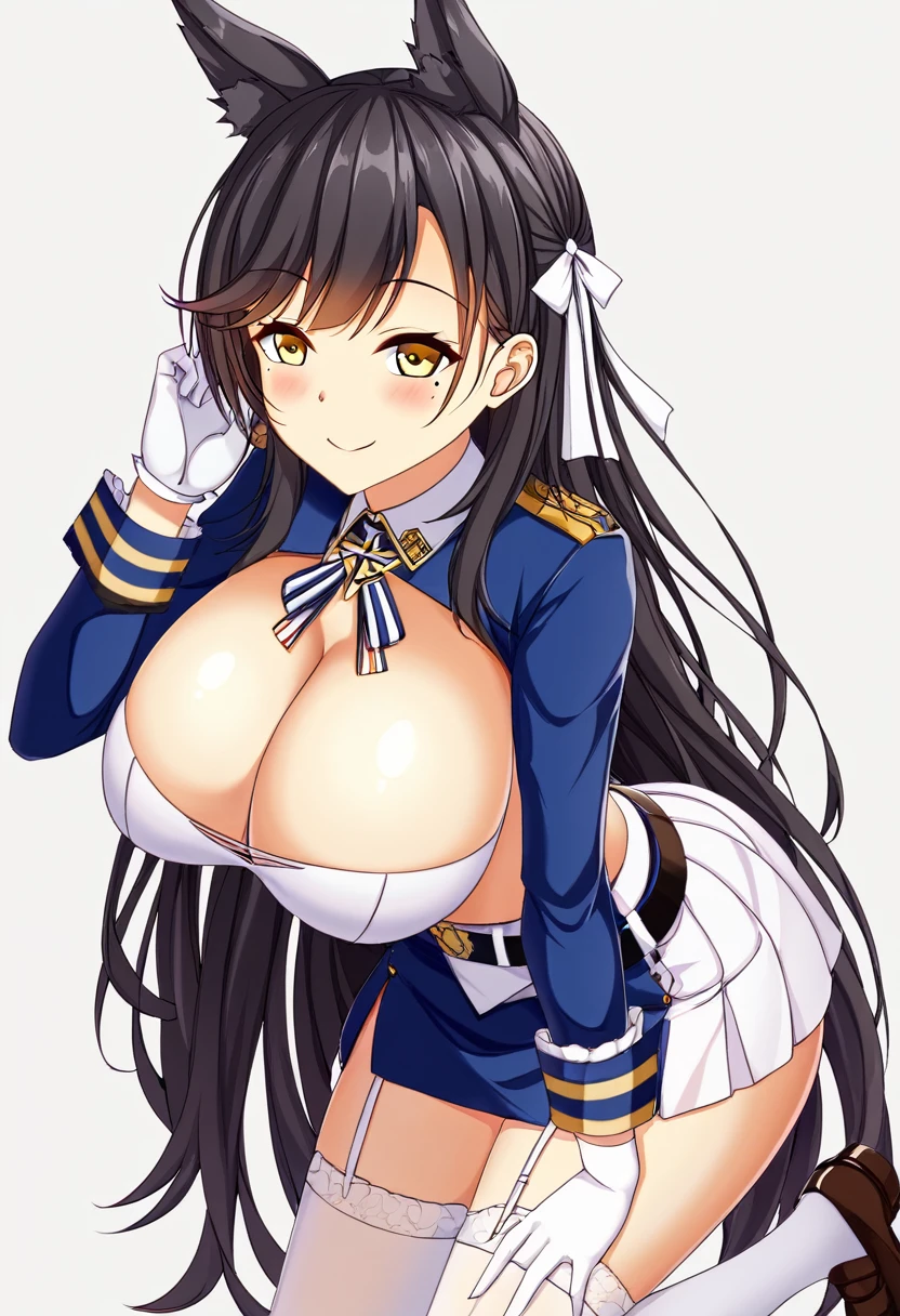 Atago (Azur Lane)、Female 1 person、solo、Long Hair、chest、Staring at the audience、blush、smile、bangs、skirt、Big Breasts、Simple Background、Black Hair、Knee socks、gloves、Long sleeve、White background、ribbon、Animal Ears、ヘアribbon、Yellow Eyes、Thighs、belt、黒Knee socks、白gloves、ミニskirt、mole、uniform、From the side、Absolute area、army、目の下のmole、uniform、Skin dents、Leaning forward、Garter Straps、白skirt、stoop down、白ribbon、Extra ears、ペンシルskirt