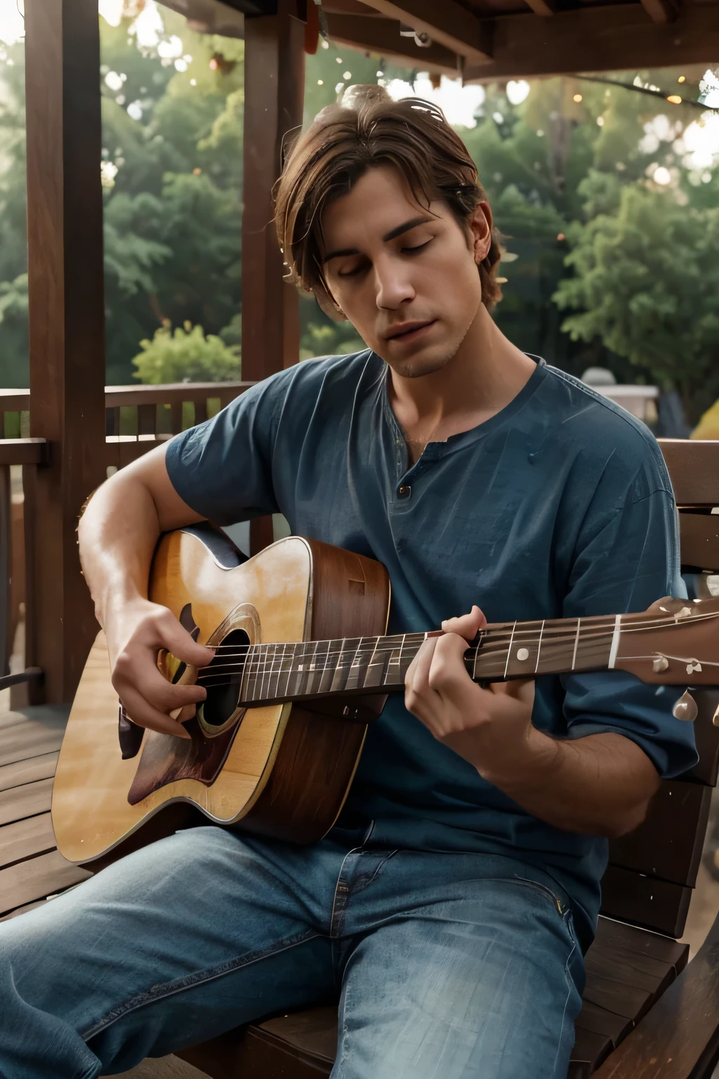 a man sitting relaxed on a porch playing guitar and singing in the style of nirvana, best quality, perfect composition, detailed, photorealistic, realistic lighting, vibrant colors, atmospheric, cinematic, dynamic angle, perfect face, detail and best quality, Very realistic and superfine face, correct anatomy