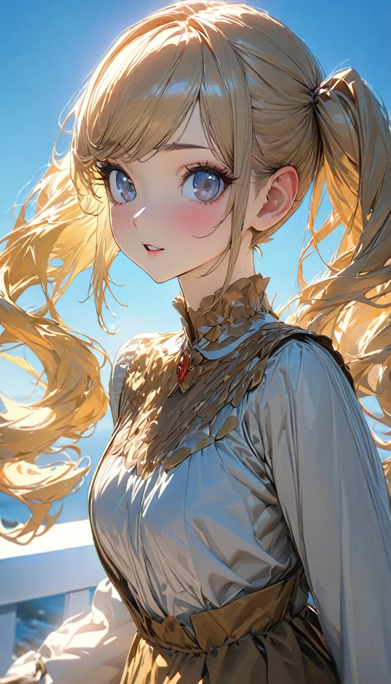One person, adult, woman, Ultra-high resolution, 超detailed, Highest quality, 8k,((Highest quality)), ((masterpiece)), (detailed),Face direction(front),Hair Color(Bright golden color,Fine hair quality), Hairstyle(Twin tails), background(blue sky,morning),eye(きれいなeye元), clothing(Cute clothes),expression(Exquisite features depicting a perfect face),Body Type(model,Naturally beautiful),Perfect hands,完璧なwoman像, Dramatic Shadows,Cute pose,Anime characters, Persona 5(Apricot Takamaki)