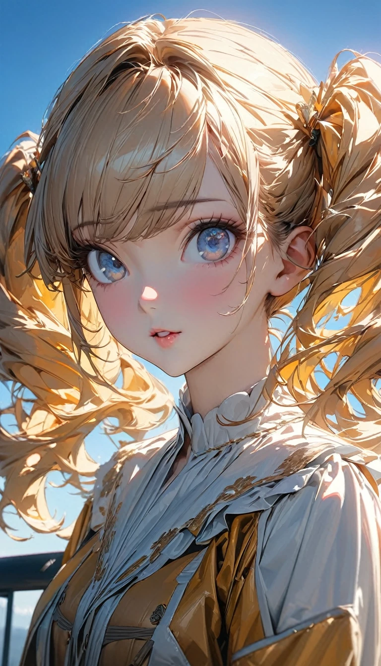 One person, adult, woman, Ultra-high resolution, 超detailed, Highest quality, 8k,((Highest quality)), ((masterpiece)), (detailed)，Face direction(front)，Hair Color(Bright golden color，Fine hair quality), Hairstyle(Twin tails), background(blue sky，morning)，eye(きれいなeye元), clothing(Cute clothes)，expression(Exquisite features depicting a perfect face)，Body Type(model，Naturally beautiful)，Perfect hands，完璧なwoman像, Dramatic Shadows，Cute pose，Anime characters, Persona 5(Apricot Takamaki)