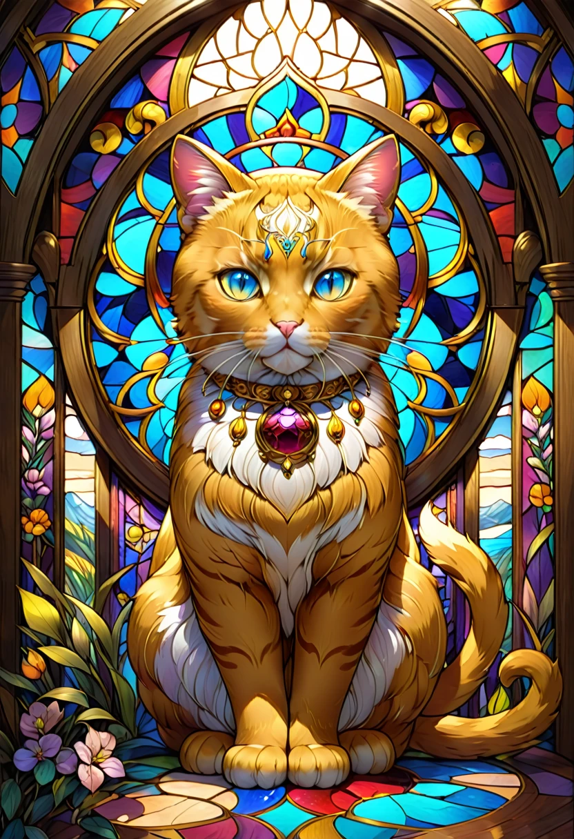 colorful stained glass window where in the center is the image of a figure of a golden cat