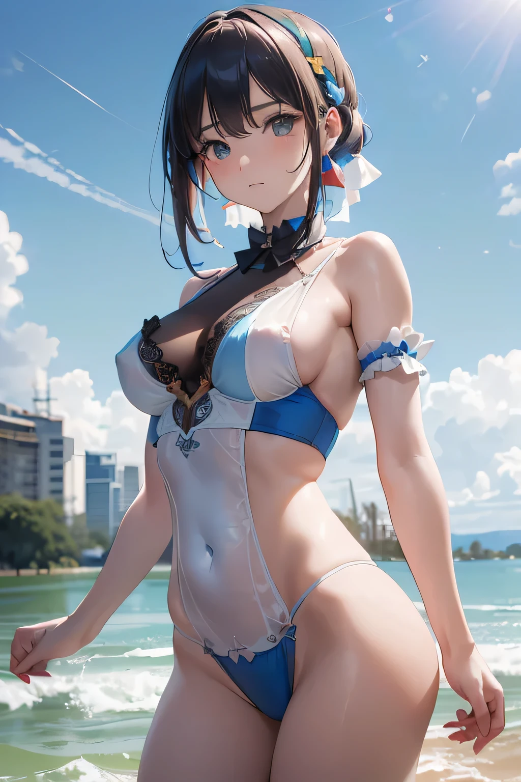 (((Costume inspired by the Argentine flag:1.3))),(May Sun),(((Woman in men's clothing:1.3))),(masterpiece,Highest quality,Ultra-high resolution output images,Write boundary depth,Intricate details,Adding dimension to your subject with the contrast of light and shadow,Anatomically correct facial structure),(Picture Mode Ultra HD,)