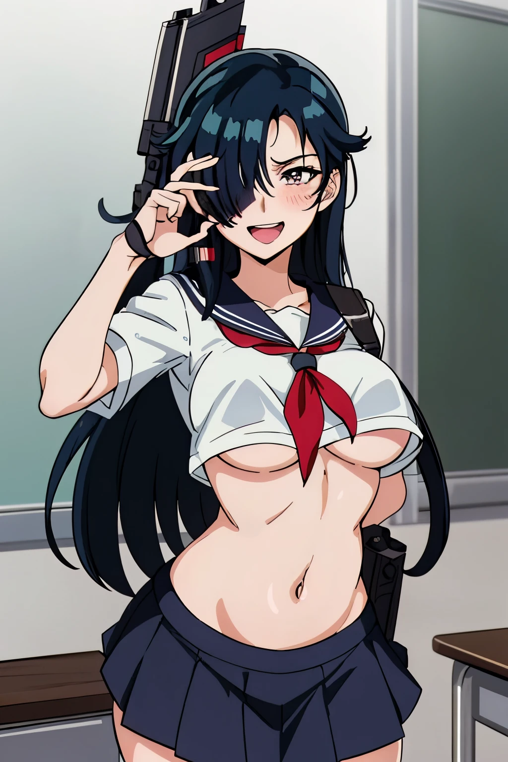 IM, 1girl, solo, hair over one eye, big breasts, blush,  perfect quality, blush, lipstick, long hair, crazy eyes ,Hot girl, baddie, staring, glaring, bad attitude, mean girl, dare, angry, hate, crazy, smoking, sensual, attractive, masterpiece, best quality, highly detailed, a anime girls in sailor uniforms with a gun posing for a picture,
evil smile, smile, open mouth,black_serafuku, ecchi anime style, anime girls , (nsfw) not safe for work,
ecchi style, ecchi, shipgirls, digital anime art!!, high school girls, holding a gun, hold a gun, anime style 4
k, micro skirt, exposed belly, exposed navel, exposed midriff, holding pistol,underboob,
exposed lower belly,school, classroom, 