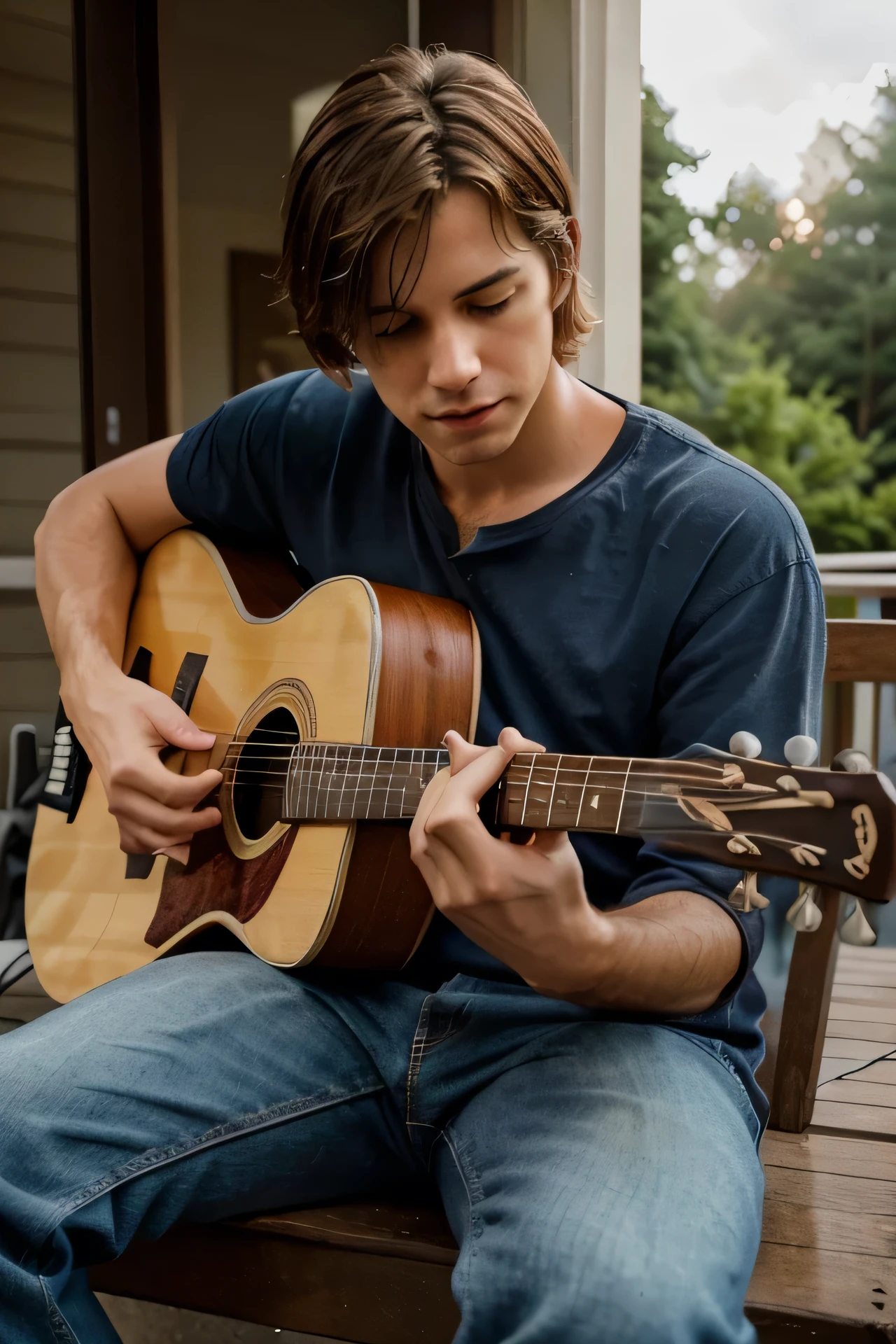 a man sitting relaxed on a porch playing guitar and singing in the style of nirvana, best quality, perfect composition, detailed, photorealistic, realistic lighting, vibrant colors, atmospheric, cinematic, dynamic angle, perfect face, detail and best quality, Very realistic and superfine face, correct anatomy