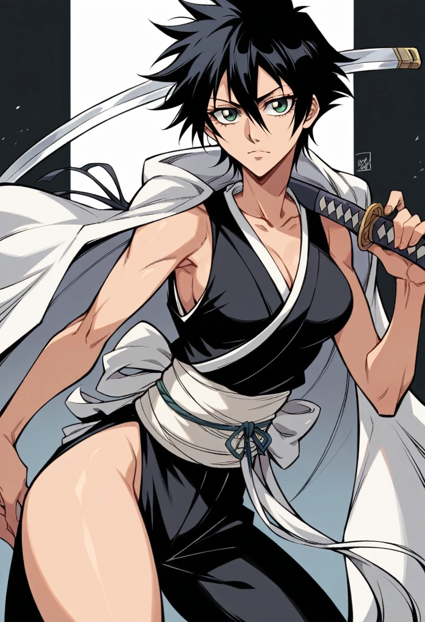 1 girl, short black hair , green eyes, beautiful, light skin color , wide shoulders, thin waist, medium breasts, defined thighs, thin, defined lean , showing abs ,wide hips, medium ass, bleach style, shinigami, shinigami outfit, tank top kimono, black kimono pants, bleach, front of viewer, look at viewer, use katana, katana user, handle of the katana is white, blade is yellow,a white cape over your shoulders

