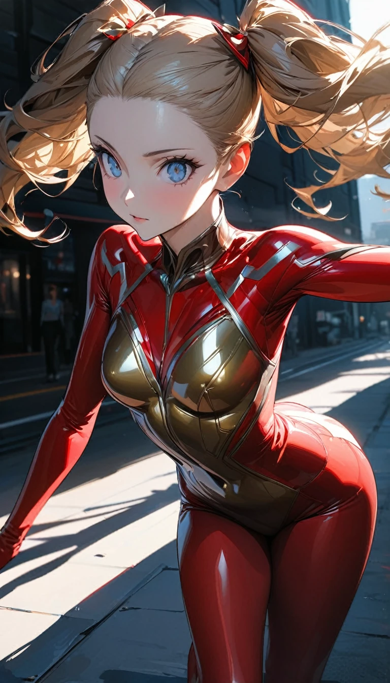 One person, adult, woman, Ultra-high resolution, 超detailed, Highest quality, 8k,((Highest quality)), ((masterpiece)), (detailed)，Face direction(front)，Hair Color(Bright golden color，Fine hair quality), Hairstyle(Twin tails), background(blue sky，morning)，eye(きれいなeye元), clothing(Red tights suit)，expression(Exquisite features depicting a perfect face)，Body Type(model，Naturally beautiful)，Perfect hands，完璧なwoman像, Dramatic Shadows，Cute pose，Anime characters, Persona 5(Apricot Takamaki)