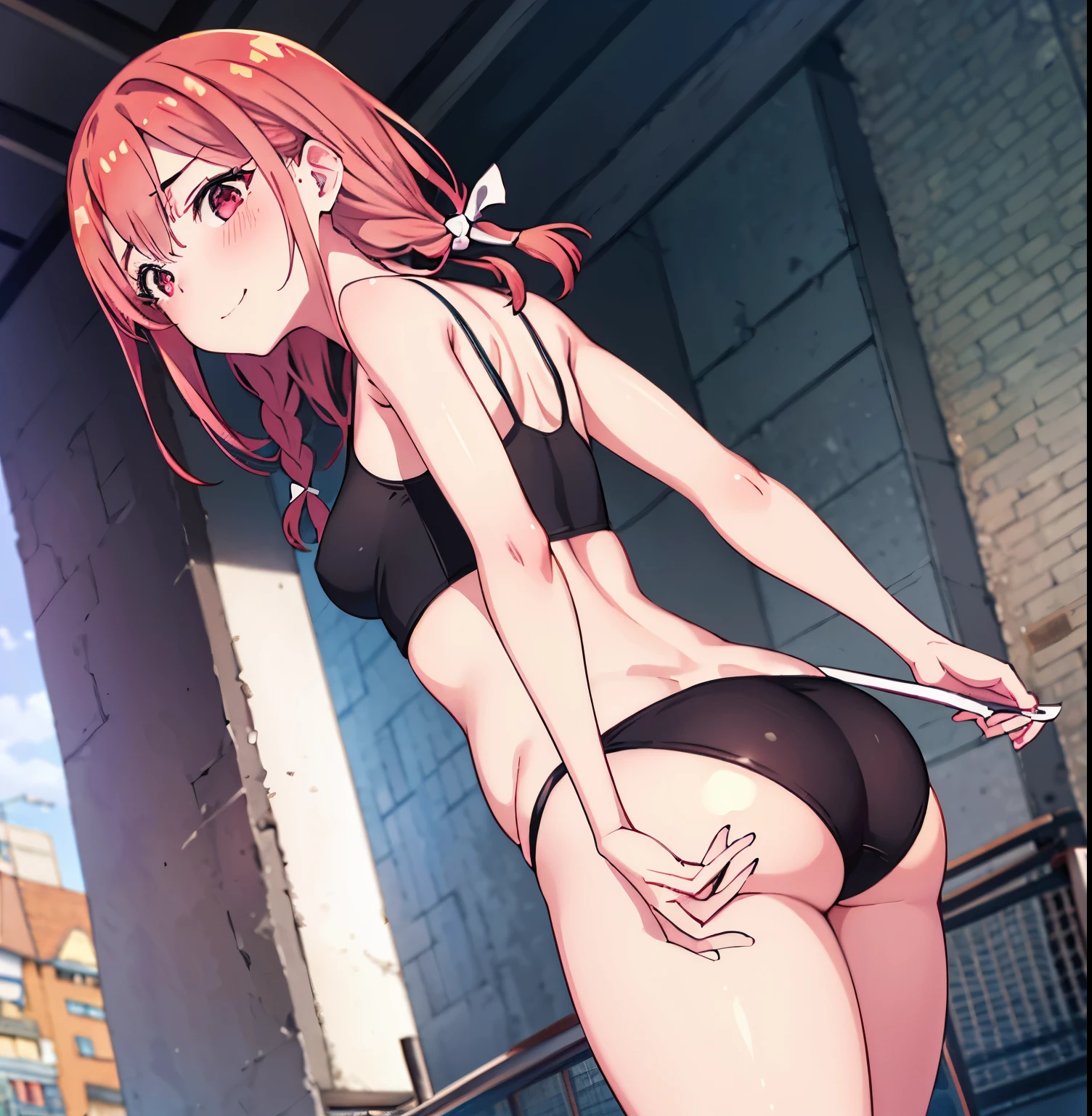 ((1girl)),((alone)), Sumi sakurasawa,(masterpiece), (best quality), (ultra detailed), (best illustration), (best shadow), (absurdities), sharp focus, cowboy shot , dynamic posture looking at the viewer, small , narrow waist, wide hips, wide thighs, round butt, ec, rom (very detailed eyes, lips 1.1), very detailed eyes, eyes, Very detailed face, Very pretty face, height full, beautiful slender figure, femininity, expressive appearance, elastic small breasts, increaselity, long hair, repink hair, red eyes, simple braid, hair bow, smile, red sports bra: 1.4, tight bra, bare arms, neckline: 1.2, exposed waist: 1.2, navel: 1.2, black sports shorts: 1.4, tight shorts, white socks, red sneakers: 1.3, defined body, perfect and beautiful body, perfect and beautiful, closed mouth, calm expression, blush, (sexy pose: 1.2), ((solo)), stang: 1.3, outdoor, cityscape, streets, city, day, clouds, looking back, from behind, ((focus on ass)), period view: (from below),d blush, perfect anatomy, perfect hands,