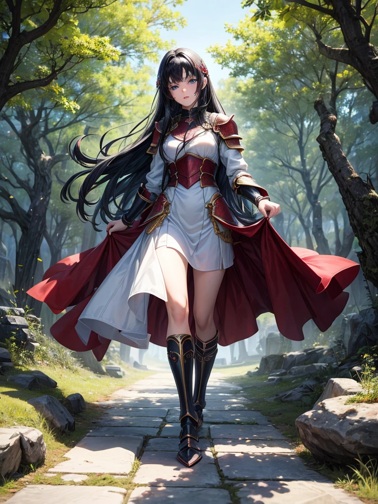 アニメ, 18 year old girl, {Perfect and detailed face},{perfect nose}, {reddened lips}, {Bblack hair}, {well-detailed blue eyes}, {[(full body and detailed)]},{[(red and well detailed armor)]},[walking in a forest], (stone floor), 

{8k image}, {ultra resolution}, {ultra quality},(high quality sharpness)

