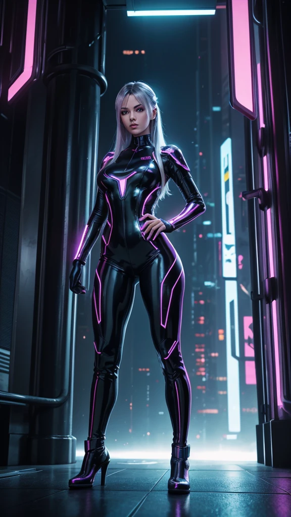 ((Full body photo, standing, feet on the floor)) "Create an image of Electra, the AI-generated model, standing confidently in a cyberpunk-inspired outfit – a metallic silver jumpsuit hugging her figure, paired with thigh-high black boots. The backdrop is an urban cityscape with vibrant neon lights, enhancing the futuristic vibe. Ensure the pose reflects a perfect blend of strength and elegance. Bring this vision to life!"