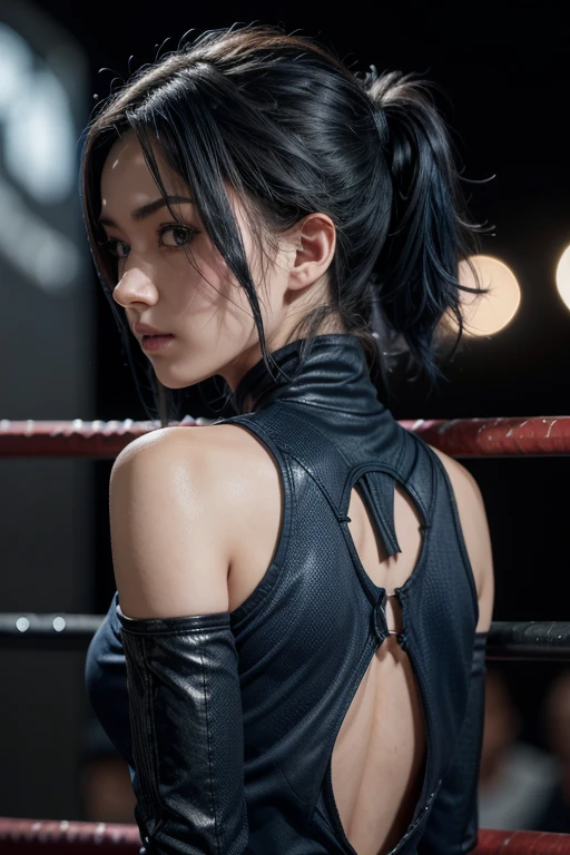 ninja warrior, dark blue hair, hair over shoulder, Surrealism, depth of field, high detail, accurate, high details, textured skin, HD