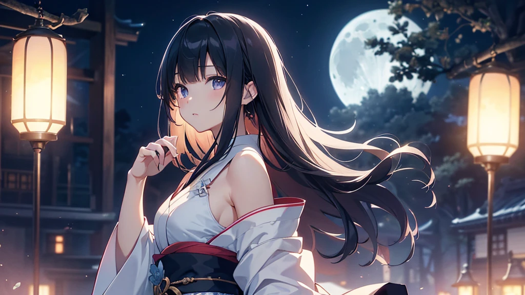 (Official Art、Highest quality、unity 8k wallpaper、32K、masterpiece、Very detailed、Ultra-high resolution、Realistic、Photorealistic:1.2)、(Cinema Lighting:1.2)、Fire glow effect、Film Grain、Best Shadow、Rim Light、Side light、(Highly detailed and intricate 3D rendering)、詳細なBeautiful Faceと目、Black Hair、(whole body:1.2)、(Side Shot、moonを見上げる、avert your eyes:1.2)、(Mysteriouoon Light)、Very detailed背景、Beautiful Face、Blurred Background、beautiful girl、kimono、(Ultra-dense skin、Fine skin:1.3)、Japanese garden、Cowboy Shot、空に一つの満moon、moon