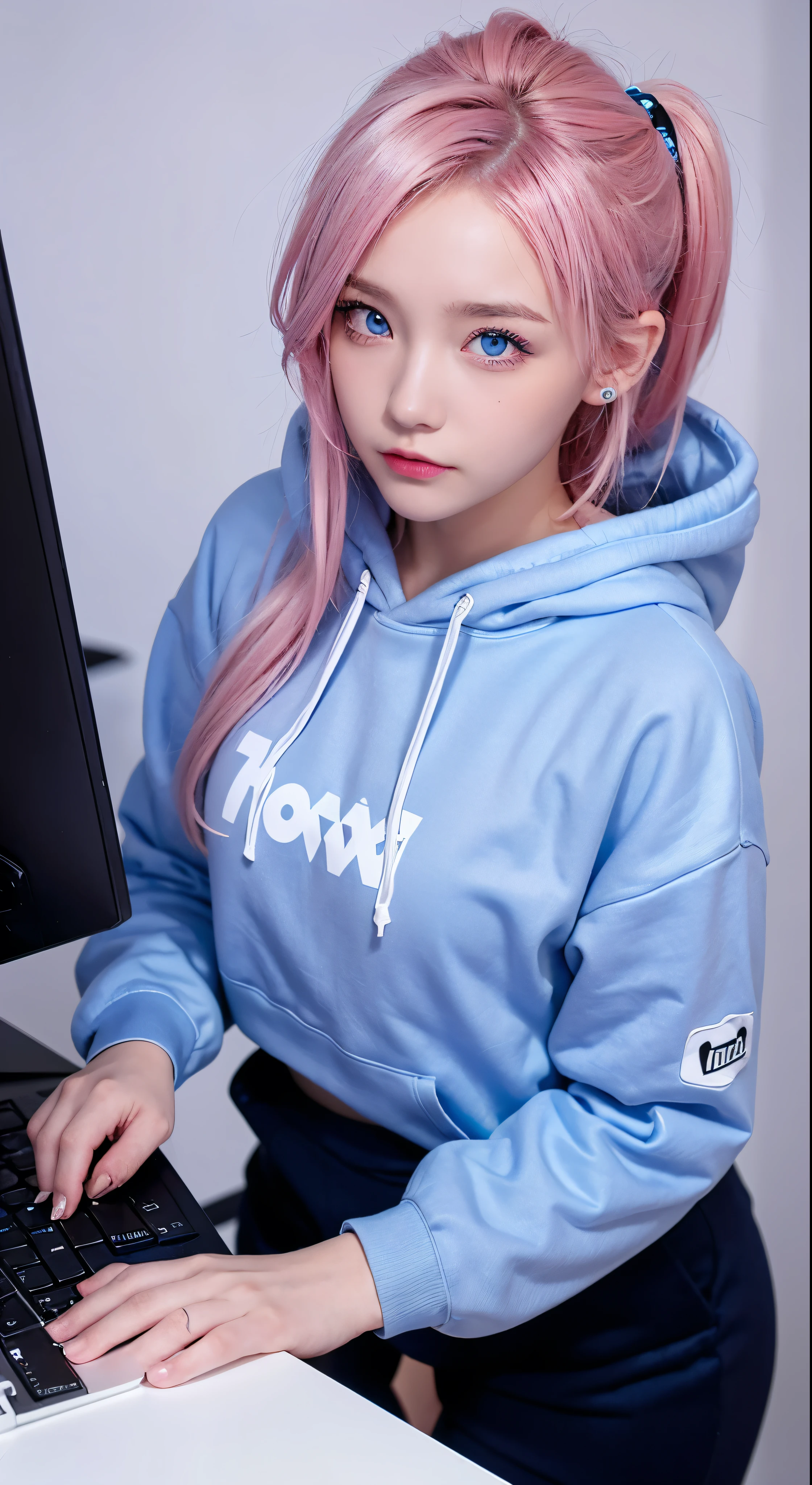 mika pikazo, 1girl, blue eyes, blue hoodie, computer, earrings, hood, hoodie, jewelry, keyboard (computer), logo, logo parody, mouse (computer), multicolored eyes, pink hair, recycle bin, solo, white background, yellow eyes, , 