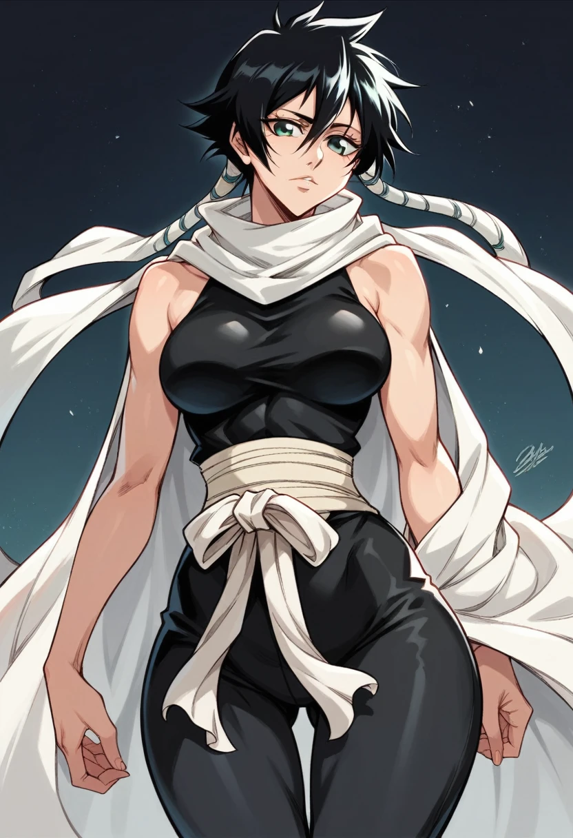 1 girl, short black hair , green eyes, beautiful, light skin color , wide shoulders, thin waist, medium breasts, defined thighs, thin, defined lean , showing abs ,wide hips, medium ass, bleach style, shinigami, shinigami outfit, tank top kimono, black kimono pants, bleach, front of viewer, look at viewer,a white cape over your shoulders