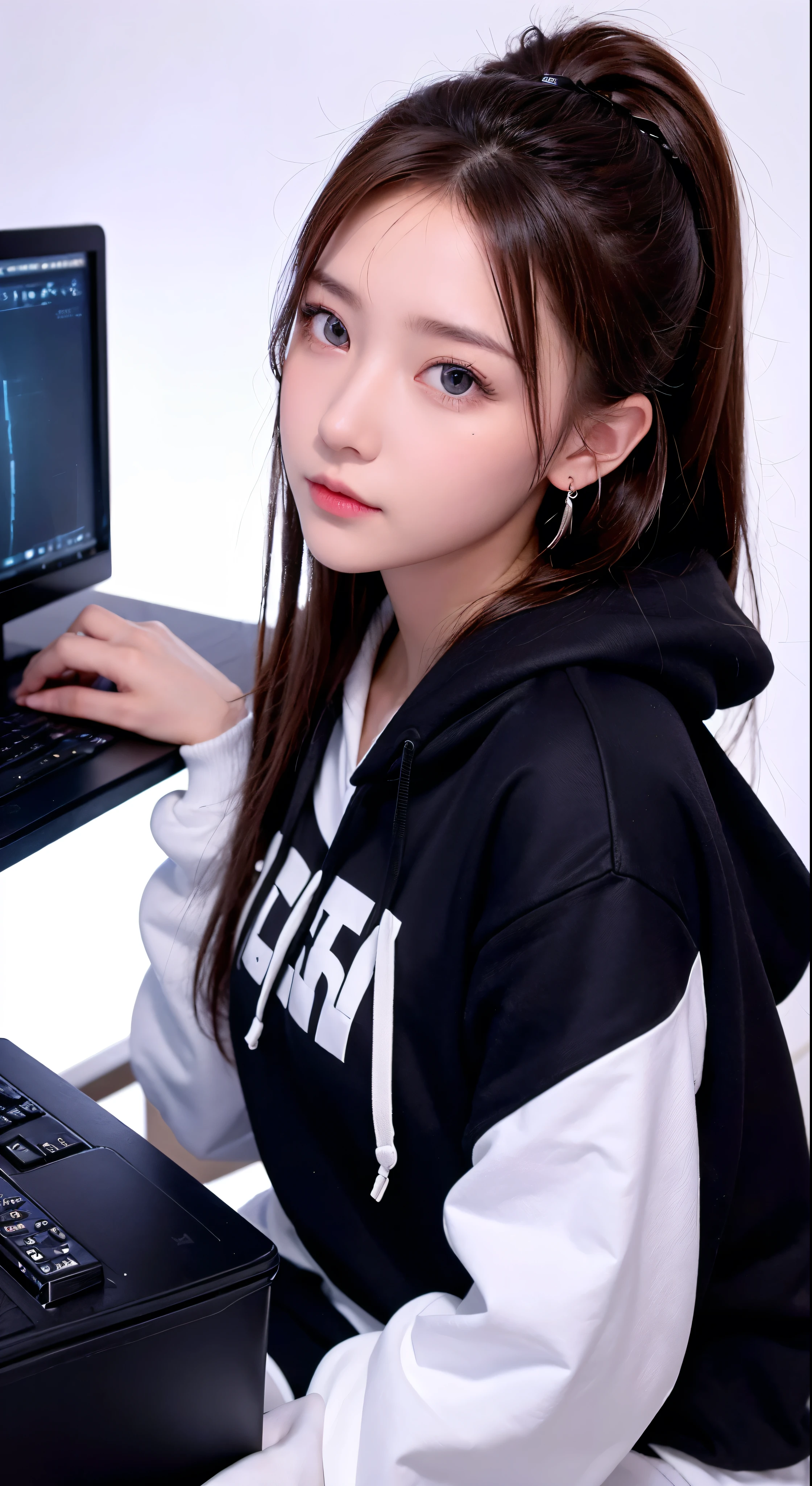 with high definition imageikapikazo、　1girl、赤いhoodie、computer、Earrings、Food、hoodie、jewelry、keyboard(computer)、logo、logoのパロディ、mouse(computer)、Beautiful eyes、Chestnut Hair、trash can、solo、White background