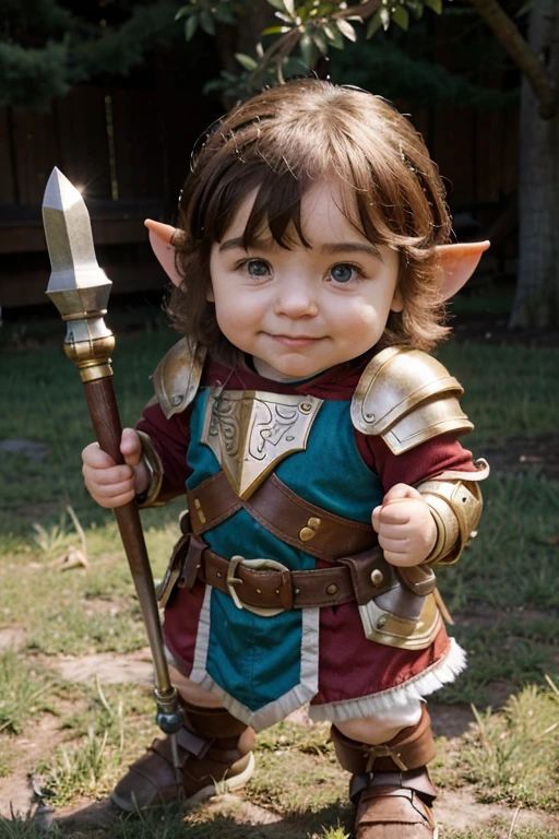 A male Halfling paladin with a great hammer oon his hands and a heavy armor