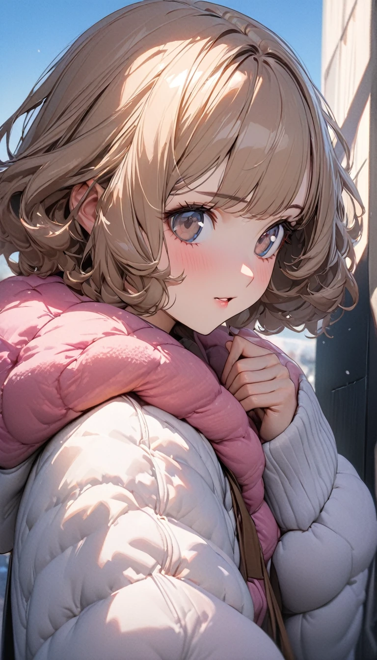 One person, high school student, woman, Ultra-high resolution, 超detailed, Highest quality, 8k,((Highest quality)), ((masterpiece)), (detailed),Face direction(front),Hair Color(Light Brown,Fine hair quality), Hairstyle(Soft and fluffy, short), background(blue sky,morning),eye(きれいなeye元), clothing(Pink-themed winter clothes),expression(Exquisite features depicting a perfect face),Body Type(model,Naturally beautiful),Perfect hands,完璧なwoman像, Dramatic Shadows,Cute pose,Anime characters, Persona 5(Okumura Haru)