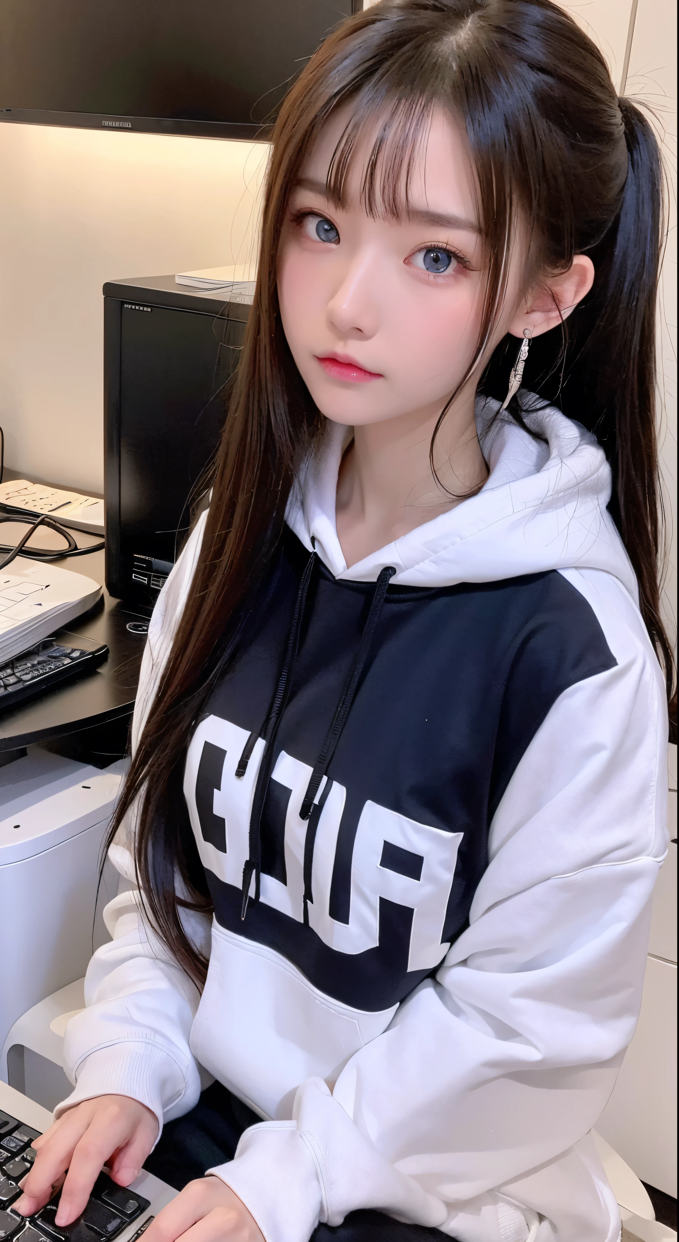 with high definition imageikapikazo、　1girl、black eye、赤いhoodie、computer、Earrings、Food、hoodie、jewelry、keyboard(computer)、logo、logoのパロディ、mouse(computer)、Beautiful eyes、Chestnut Hair、trash can、solo、White background