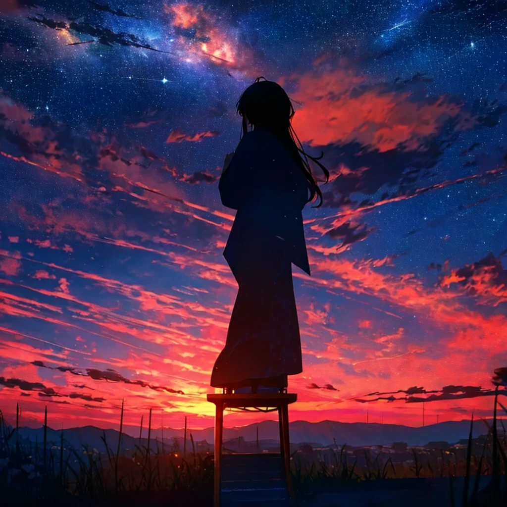 sunset、hill、cloud、Long Hair、woman、Sitting、silhouette、Rear view、Beautiful starry sky、Looking up at the sky、The wind is blowing、Wide sky、Headphones