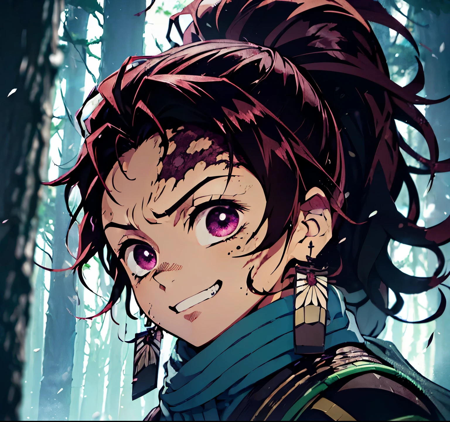 (best qualityer,ultra detali,realisitic:1.37),high resolution(4K,8k),portraite,Demon slayer Woman character,wavy black hair,shorth hair,greeneyes,huge grin,warm smile,Youngh,Charismatic,18-years old ,Distinct Essay of Kimetsu no Yaiba, dynamic pose holding katana, swirly vibrant colors, detailed facial features, powerful aura, determined expression, katana, and loving eyes, intense battle scene, dramatic lighting, flowing cape, iconic demon slayer uniform, intricate patterns, forest background