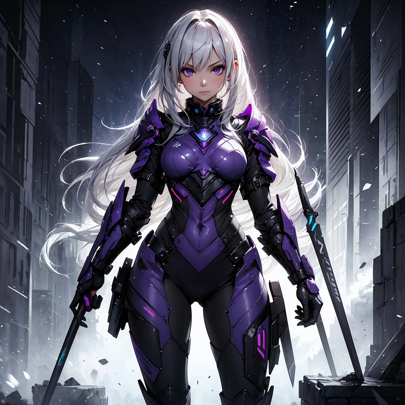 (((masterpiece, highest quality, 16k))) slender, cute girl with medium white hair, vibrant purple eyes. She wears a tight-fitting, sleek suit with high-tech boots and chestplates. The outfit includes matching vambraces, all in a futuristic, high-tech design. She wields a high-tech sword, adorned with glowing lights along the blade and hilt. The girl's expression is calm and focused, complementing her stylish, advanced gear.
