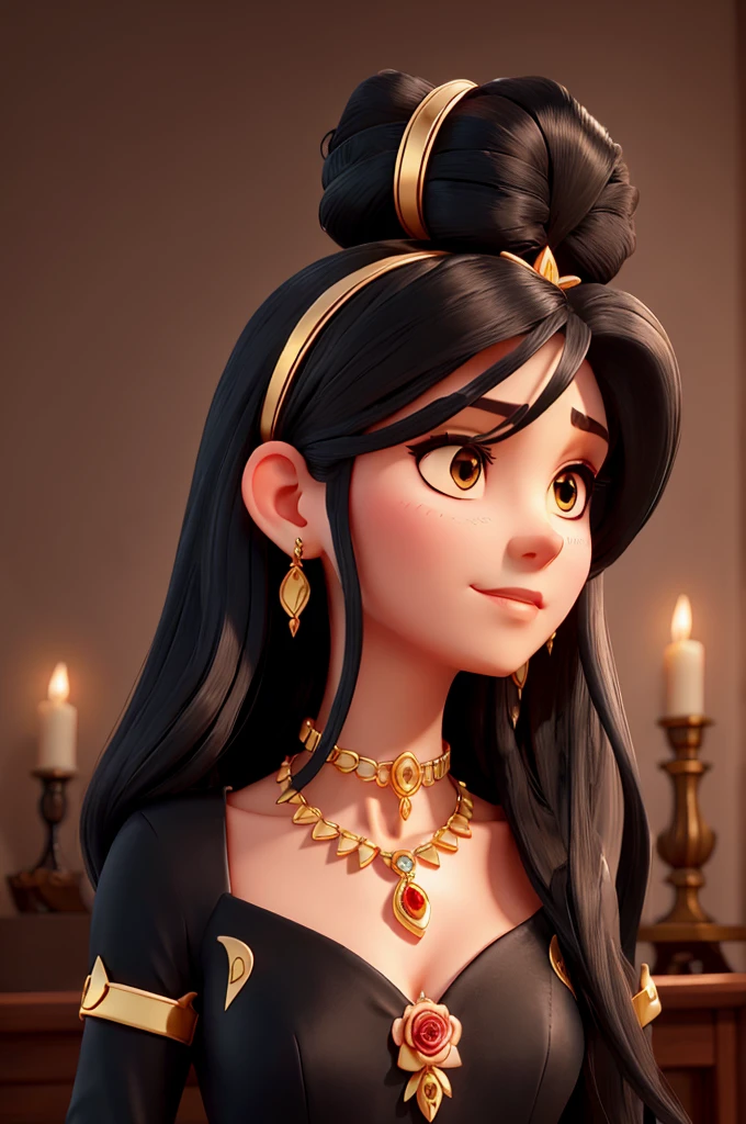 Create a queen with long straight black hair seductive look accessories earrings and necklace Black dress with gold details A rose in the ear Striking and serious look