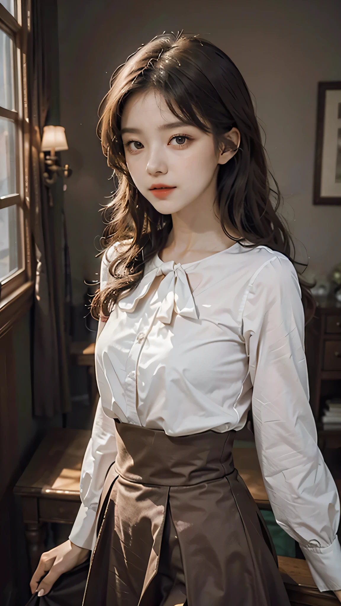 detailed background, masterpiece, best quality, 1 person , curly hair, long hair, purple eyes, star in eye , sharp red Strap blouse, long skirt, red color