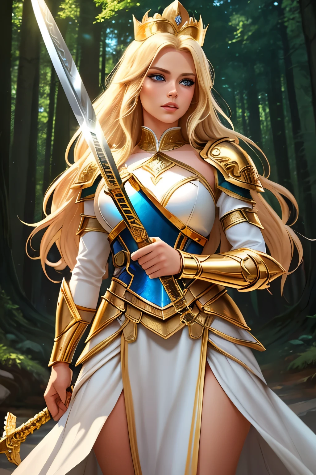 (blonde woman, long hair, blue eyes), wearing a (white Amazonian armor, golden bracelets, golden crown), beautiful detailed eyes, beautiful detailed lips, extremely detailed eyes and face, long eyelashes, (illustrations, concept art), forest backdrop, holding a (sword, shield), confident expression, dramatic lighting, epic scene, majestic, powerful, (fantasy, mythical, legendary), (warm tones, gold accents)