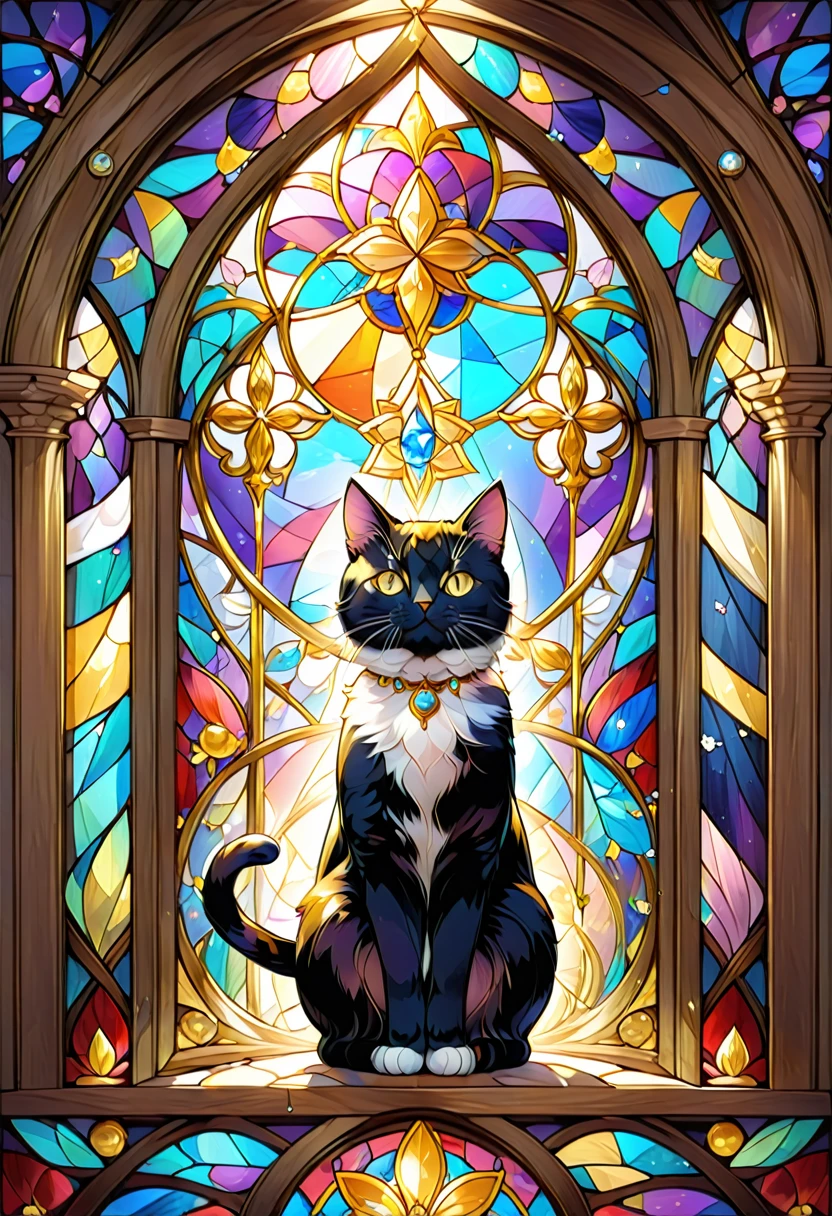 colorful stained glass window where in the center of the stained glass window with golden crystals a figure of a cat is created