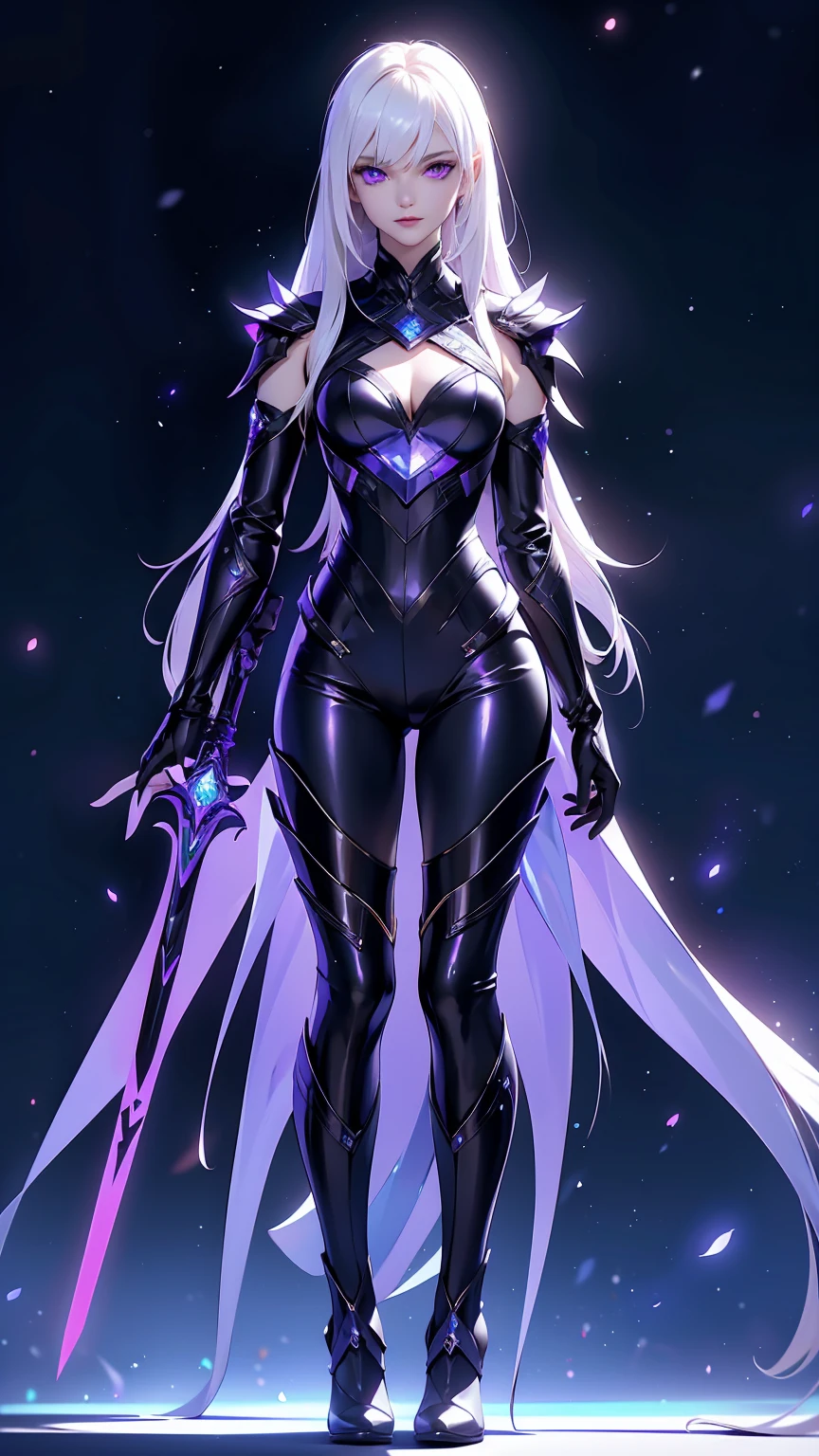 ((Best Quality)), ((Masterpiece)), ((Realistic)) slender, cute girl with medium-length white hair and vibrant purple eyes. She wears a tight-fitting, sleek suit with high-tech boots and chestplates. The outfit includes matching vambraces, all in a futuristic, high-tech design. She wields a high-tech sword, adorned with glowing lights along the blade and hilt. The girl's expression is calm and focused, complementing her stylish, advanced gear.
