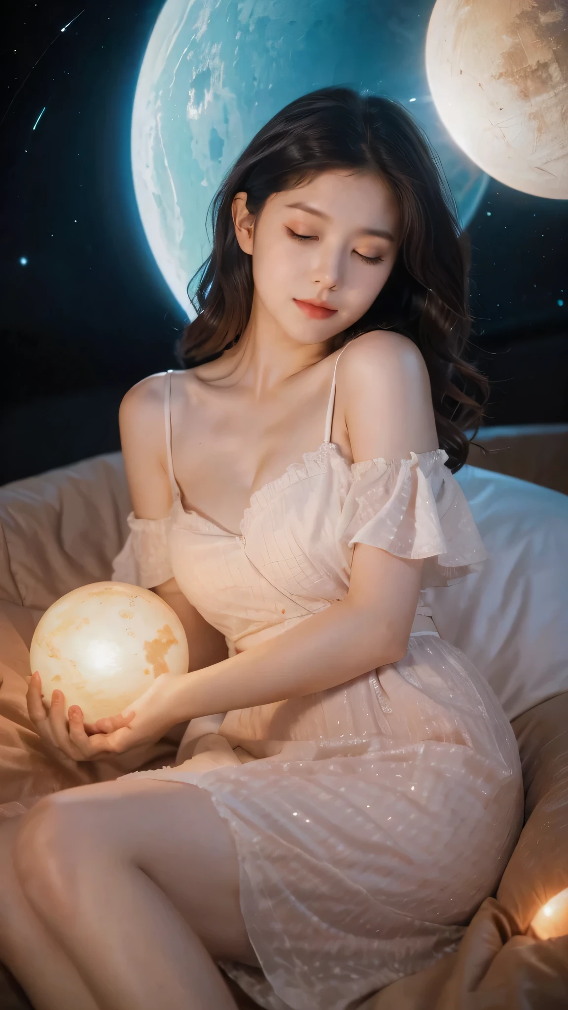 ((1girl)), short dark hair, wavy hair,glowing skin, mouth closed and expressionless, sitting, with her hands holding a glowing orb while two other glowing spheres orbit around her,