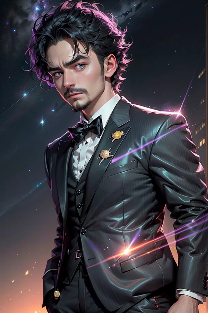 meitu, beetlejuice, anime, manga style, alex brightman starring as beetlejuice,1boy, aurora, beard, black bow, black bowtie, bow, bowtie, facial hair, formal, green eyes, purple hair, male focus, mustache, night, night sky, realistic, shooting star, sky, solo, space, sparkle, star (sky), starry sky, suit, tuxedo, wlop, guweiz, meitu