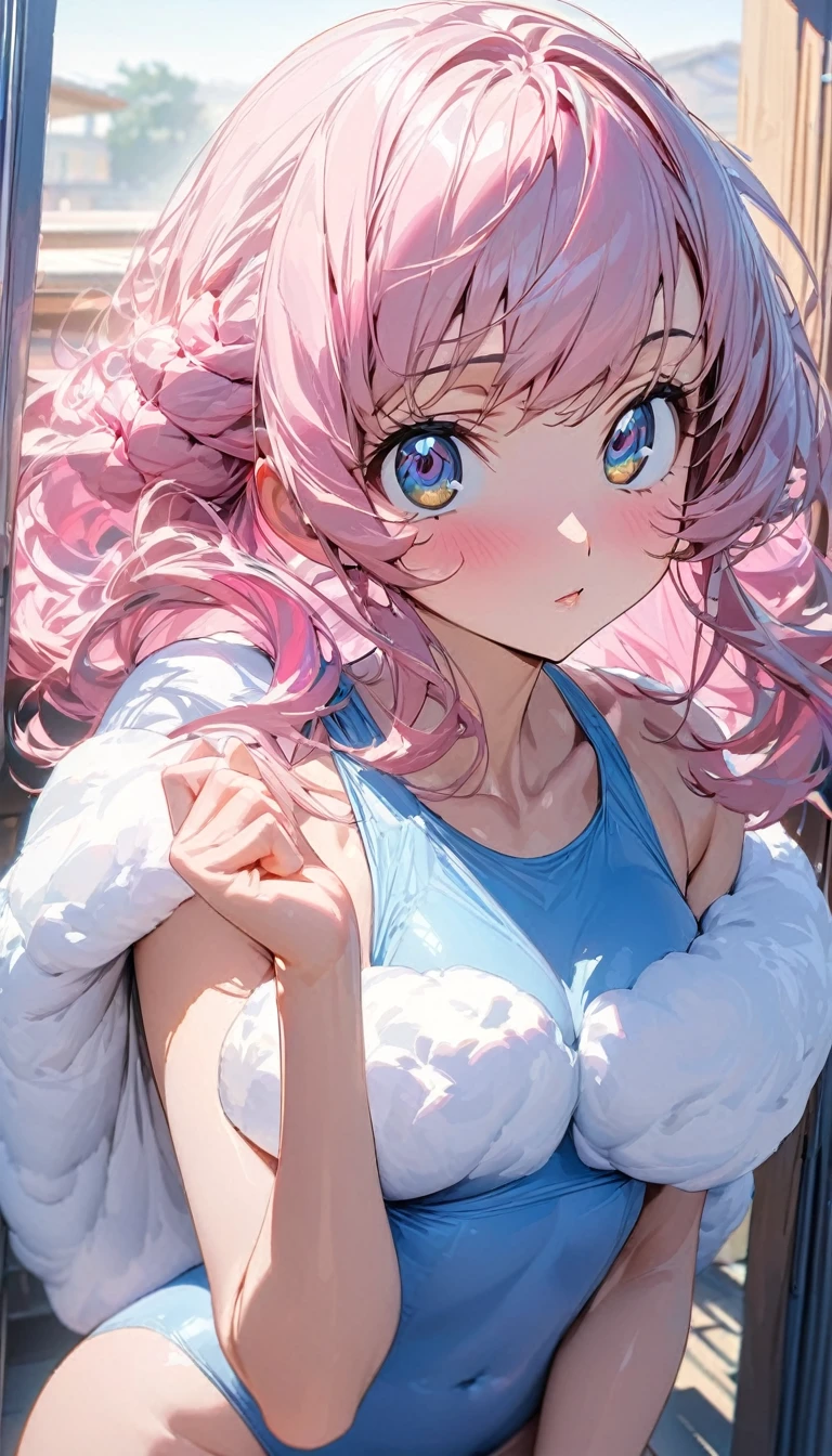 One person, high school student, woman, Ultra-high resolution, 超detailed, Highest quality, 8k,((Highest quality)), ((masterpiece)), (detailed),Face direction(front),Hair Color(Bright pink,Fine hair quality), Hairstyle(Soft and fluffy, short), background(blue sky,morning),eye(きれいなeye元), clothing(Blue-based swimsuit),expression(Exquisite features depicting a perfect face),Body Type(model,Naturally beautiful),Perfect hands,完璧なwoman像, Dramatic Shadows,Cute pose,Anime characters, Code Geass