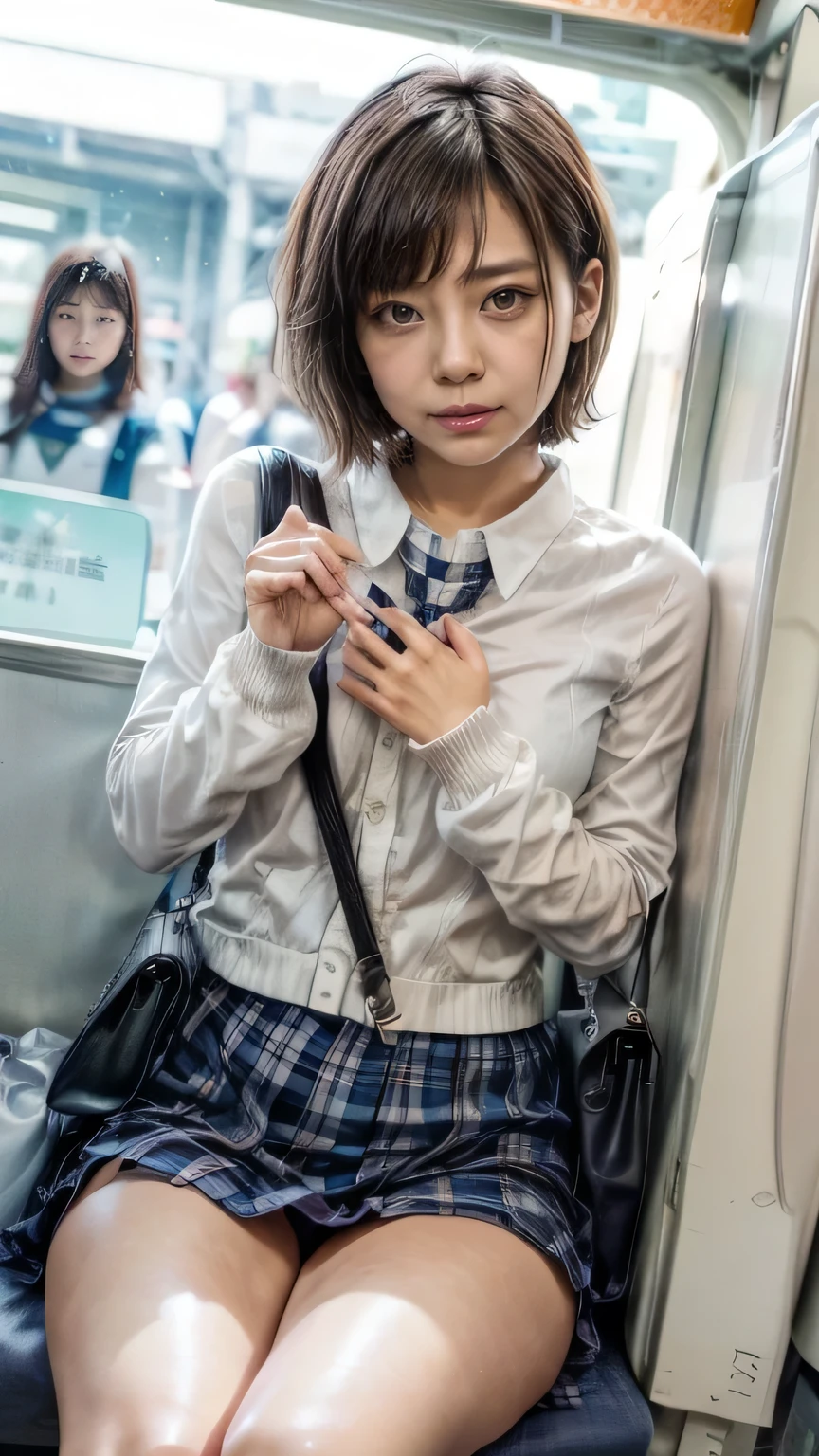 (High school girl sitting on a seat in a Japanese train:1.2、Sit in a chair on the train、face to face)、((school uniform、White blouse、(Navy blue checked pleated skirt:1.2)、Navy blue socks、loafers、Detailed white panties)、(Sports Bags、The strap of the bag passes between the chest、paisla:1.5)、(Realistic、Like a photograph、Live Action、8k, Realistic, RAW Photos, Best image quality: 1.4), Single-lens reflex camera、RAW Photos, Highest quality, Realistic, Highly detailed CG Unity 8k wallpaper, Written boundary depth, Cinematic Light, Lens flare, Ray Tracing, Realistic background、((Ultra-Dense Skin))、 16 year old girl after school,Cute Japanese Girl、(whole body:1.5)、Very detailedな顔,avert your eyes:1.1、(short hair:1.2、Shortcuty hair is blowing in the wind:1.4)、I like that style、stylish、Very detailed、Pay attention to the details、Perfect outfit、(Sunburned skin)、View from above、Accurate hands、Accurate legs、Detailed hands and fingers、Anatomically correct body、Thin legs、Thin thighs、Small breasts、Super detailed face