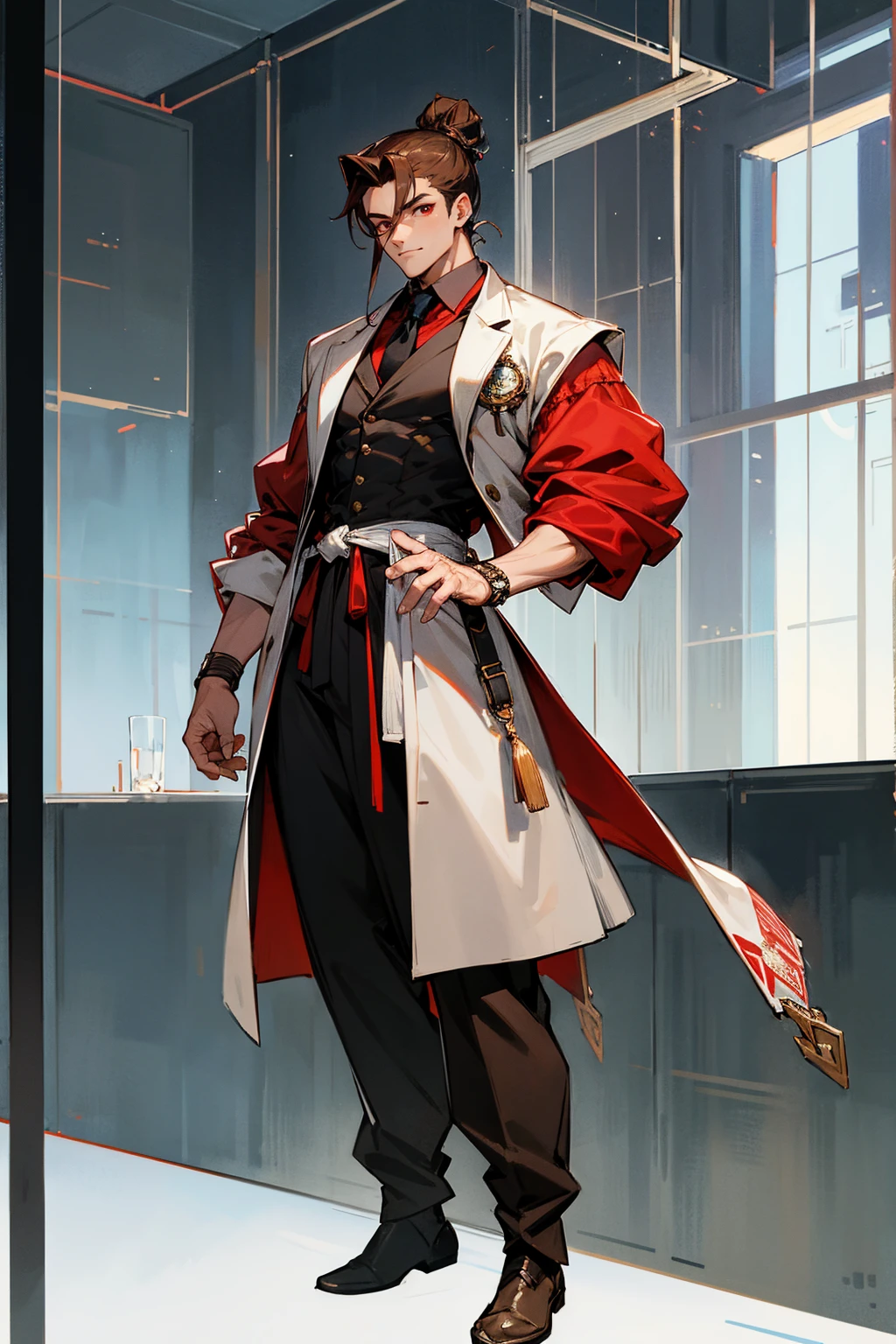 Masterpiece Quality, Perfect Generation, Sclera, Detailed Eyes, Skin, Hair, Muscular, Clothing, Kind Expression, , glass building Background, Full Body, Skin, , , , facing viewer, Standing , Clothed, , Eyes, hair, , hair, hair, , , U , Male, , ,, , doctor clothing, doctor, middle aged, Stubby , brown hair, Man Bun, Red Eyes, Muscular