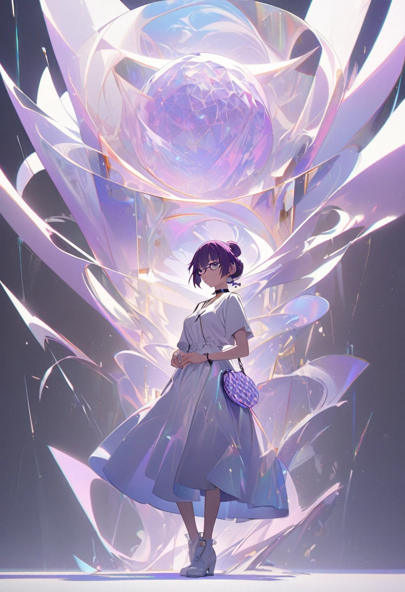 1girl, Senjougahara Hitagi, monogatari (series), masterpiece, best quality, absurdres, subtle gallery lighting, art gallery chic style, conceptual minimalist fashion, contemplative pose, modern minimalist gallery setting, purple hair clothing:
Long, flowing dress in pure white with subtle textural variations
Dress features strategically placed cut-outs creating abstract shapes
Transparent overlay with printed text fragments, resembling conceptual art
Minimalist white ankle boots with a sculptural heel
髪型:
Purple hair styled in a sleek, low bun
Perfectly center-parted
Single streak of silver running through the part
アクセサリー:
Large, circular earrings made of clear acrylic with suspended tiny objects inside
Minimalist metal choker with a small, abstract pendant
Several thin silver rings worn across multiple fingers, forming a cohesive design when hands are placed together
Clear, frameless glasses with a subtle purple tint
メイク:
just, luminous skin with a dewy finish
Eyes lined with a thin, precise white line
Lips in a matte purple shade, matching the hair Eyebrows bleached to near-invisibility for an avant-garde look Pose and environment:
Standing still in a contemplative pose, as if part of the exhibition
Surrounded by minimalist white pedestals of varying heights
Large, stark white walls with sparse, carefully curated artworks
Single beam of light focused on the character, creating dramatic shadows:
Clear acrylic clipboard holding gallery notes
Minimalist smart watch that doubles as a digital art piece
Small, geometric-shaped purse that could be mistaken for a sculpture
Art catalogue designed to look like a piece of conceptual art itself