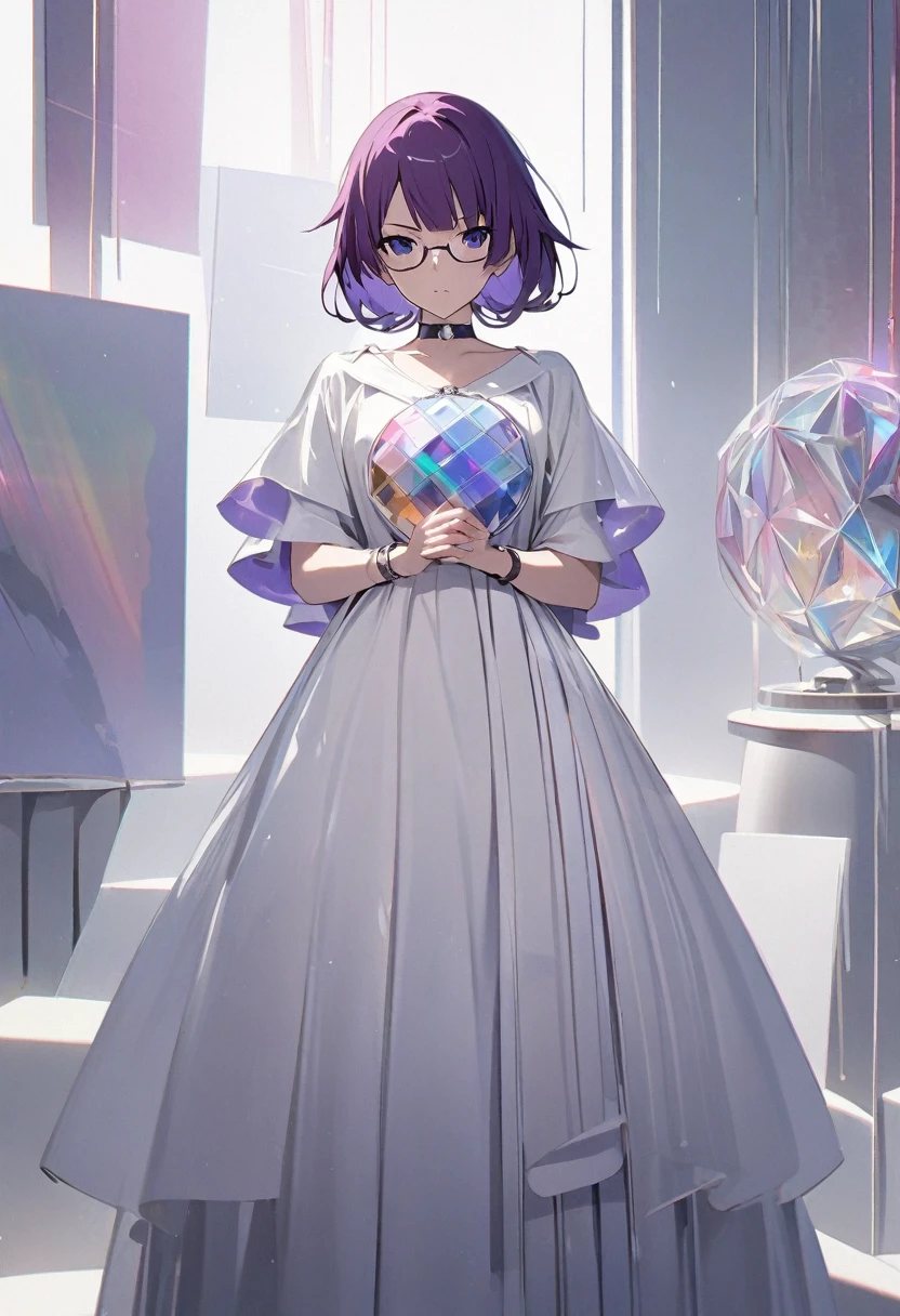 1girl, Senjougahara Hitagi, monogatari (series), masterpiece, best quality, absurdres, subtle gallery lighting, art gallery chic style, conceptual minimalist fashion, contemplative pose, modern minimalist gallery setting, purple hair clothing:
Long, flowing dress in pure white with subtle textural variations
Dress features strategically placed cut-outs creating abstract shapes
Transparent overlay with printed text fragments, resembling conceptual art
Minimalist white ankle boots with a sculptural heel
髪型:
Purple hair styled in a sleek, low bun
Perfectly center-parted
Single streak of silver running through the part
アクセサリー:
Large, circular earrings made of clear acrylic with suspended tiny objects inside
Minimalist metal choker with a small, abstract pendant
Several thin silver rings worn across multiple fingers, forming a cohesive design when hands are placed together
Clear, frameless glasses with a subtle purple tint
メイク:
just, luminous skin with a dewy finish
Eyes lined with a thin, precise white line
Lips in a matte purple shade, matching the hair Eyebrows bleached to near-invisibility for an avant-garde look Pose and environment:
Standing still in a contemplative pose, as if part of the exhibition
Surrounded by minimalist white pedestals of varying heights
Large, stark white walls with sparse, carefully curated artworks
Single beam of light focused on the character, creating dramatic shadows:
Clear acrylic clipboard holding gallery notes
Minimalist smart watch that doubles as a digital art piece
Small, geometric-shaped purse that could be mistaken for a sculpture
Art catalogue designed to look like a piece of conceptual art itself