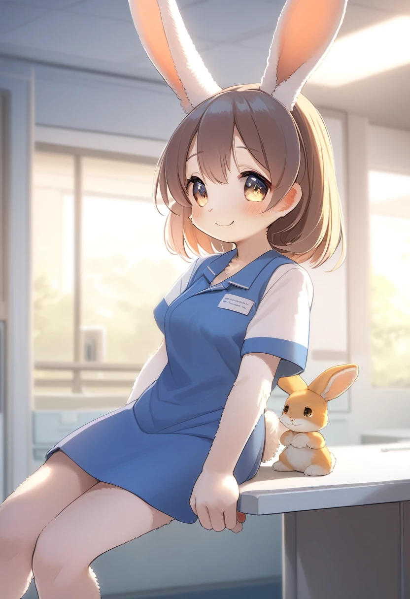 ((Masterpiece)), ((Best Quality)), (Very Detailed), ((Very Detailed)), 4K, (8K), very aesthetic, absurdres highres, 1 girl, (anthropomorphic Rabbit, furry, kemono:1.5), A scene in which a nurse wearing a white uniform is inputting data on a computer at a nursing station illuminated by bright white lights. A hospital hallway can be seen in the background, with clean, calming tones throughout. The nurse's smile and professional attitude are emphasized, and computers and documents are neatly lined up.