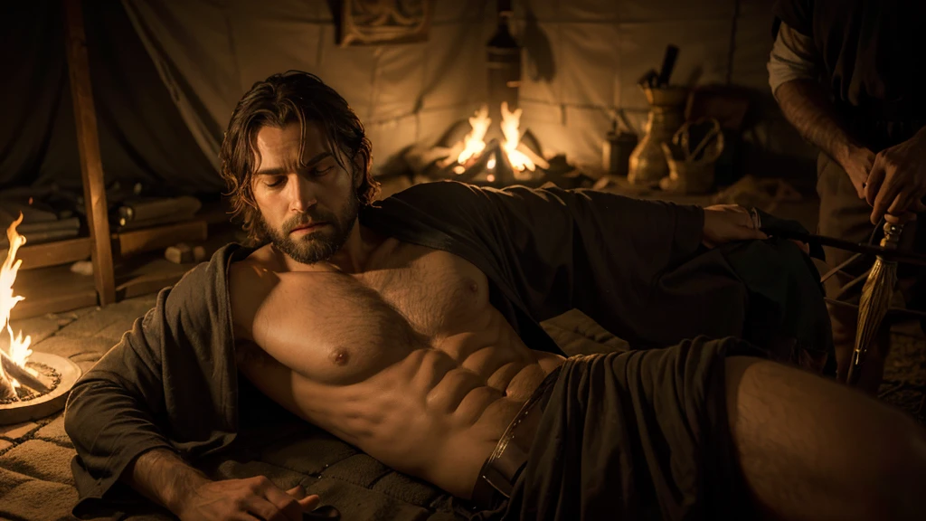 Create a realistic thumbnail depicting the biblical scene where David takes King Saul's spear while Saul is sleeping. Show David as a young man with a determined expression, wearing traditional Hebrew attire. Illustrate King Saul asleep on the ground in royal garments. Set the scene in a dimly lit camp at ht with tents and campfires in the background. Focus on the spear as a central element, partially illuminated by the firelight. Use subtle lighting to enhance the dramatic mood and emphasize David's bravery and stealth. Capture David's intense concentration and Saul's peaceful expression, ensuring historical accuracy with authentic attire and camp details.