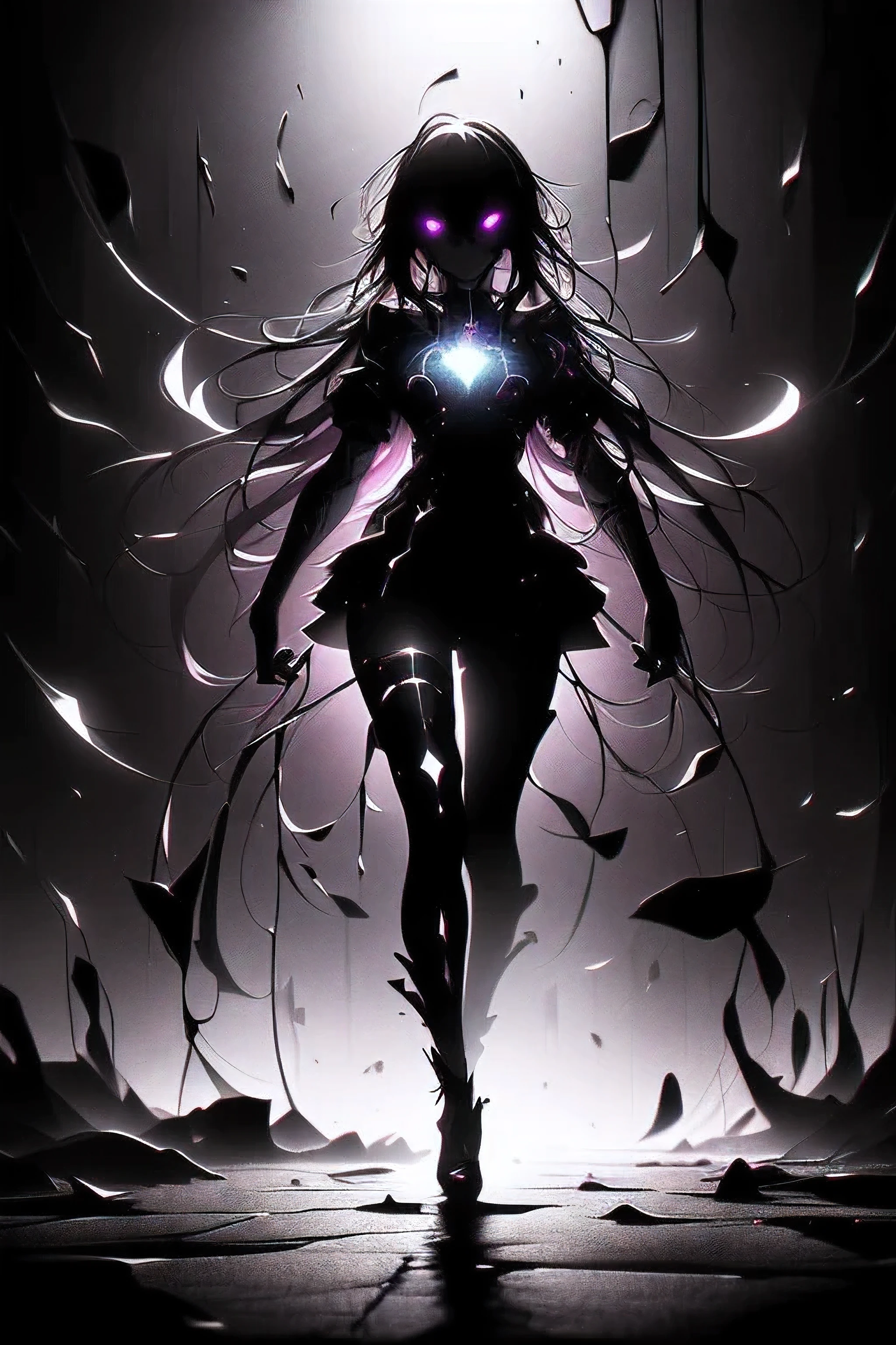 Science fiction, future, cyber punk, 1 girl, standing alone, black light, neon, darkness room, glare eyes, light particles, Dappled Light, cinematic lighting, Depth of field