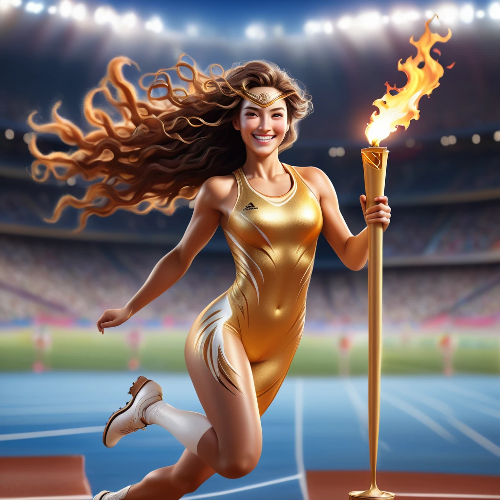 Woman holding the Olympic torch、smile、gratified、Hall々And、Cowboy Shot:1.4、masterpiece、Photorealistic、8k、Hyperrealistic、Very detailed、Intricate details、Bright colors、Dramatic lighting、Dynamic pose、Athlete-like figure、Intense expression、Flowing Hair、Olympic Stadium in the background、Cinematic composition、perfection style