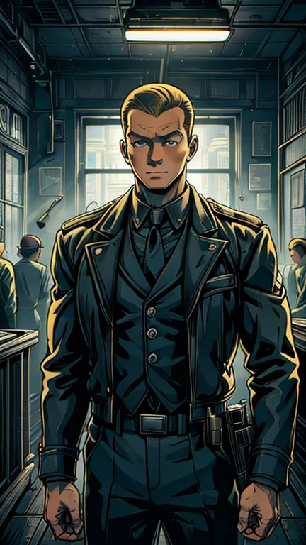 (Teens:1boy: Tintin,clark), (extremely detailed CG unit 8k wallpaper),(master part), (best quality), (ultra detail), (best illustration),(melhor ombre), cowboy shot, (Sharp eyeliner, ombre, detailed eyes:1), detective office interiors background, ,break , (mad-sincity,1940s,noir), upper body,very short hair, black hair