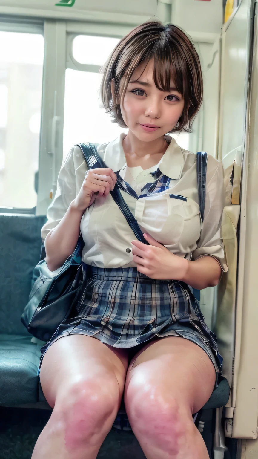 (High school girl sitting on a seat in a Japanese train:1.2、Sit in a chair on the train、face to face)、((school uniform、White blouse、(Navy blue checked pleated skirt:1.2)、Navy blue socks、loafers、Detailed white panties)、(Sports Bags、The strap of the bag passes between the chest、paisla:1.5)、(Realistic、Like a photograph、Live Action、8k, Realistic, RAW Photos, Best image quality: 1.4), Single-lens reflex camera、RAW Photos, Highest quality, Realistic, Highly detailed CG Unity 8k wallpaper, Written boundary depth, Cinematic Light, Lens flare, Ray Tracing, Realistic background、((Ultra-Dense Skin))、 16 year old girl after school,Cute Japanese Girl、(whole body:1.5)、Very detailedな顔,avert your eyes:1.1、(short hair:1.2、Shortcuty hair is blowing in the wind:1.4)、I like that style、stylish、Very detailed、Pay attention to the details、Perfect outfit、(Sunburned skin)、View from above、Accurate hands、Accurate legs、Detailed hands and fingers、Anatomically correct body、Thin legs、Thin thighs、Small breasts、Super detailed face