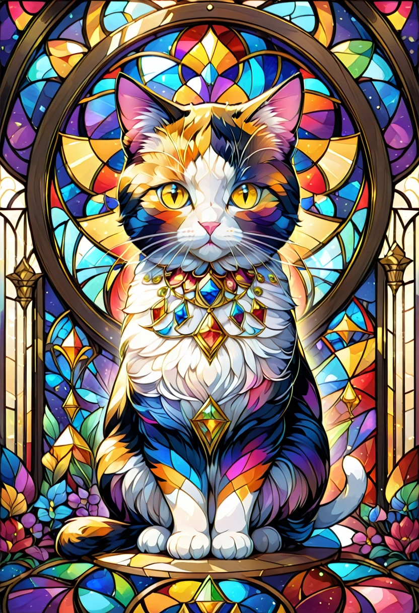 colorful stained glass illustration, where in the center of the stained glass, with golden crystals it is believed, a figure of a geometric cat