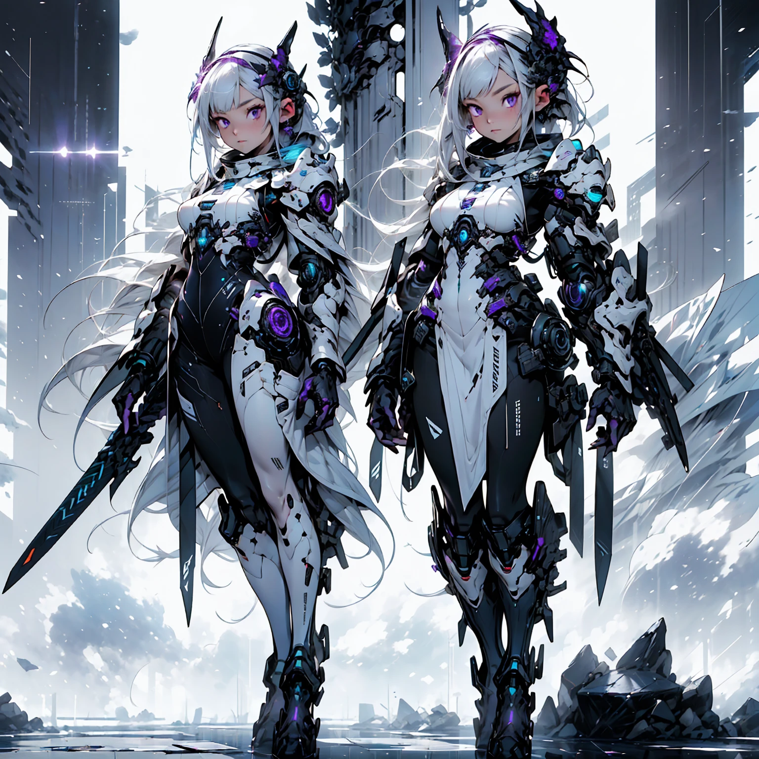 ((Best Quality)), ((Masterpiece)), ((Realistic)) slender, cute girl with medium-length white hair and vibrant purple eyes. She wears a tight-fitting, sleek suit with high-tech boots and chestplates. The outfit includes matching vambraces, all in a futuristic, high-tech design. She wields a high-tech sword, adorned with glowing lights along the blade and hilt. The girl's expression is calm and focused, complementing her stylish, advanced gear.
