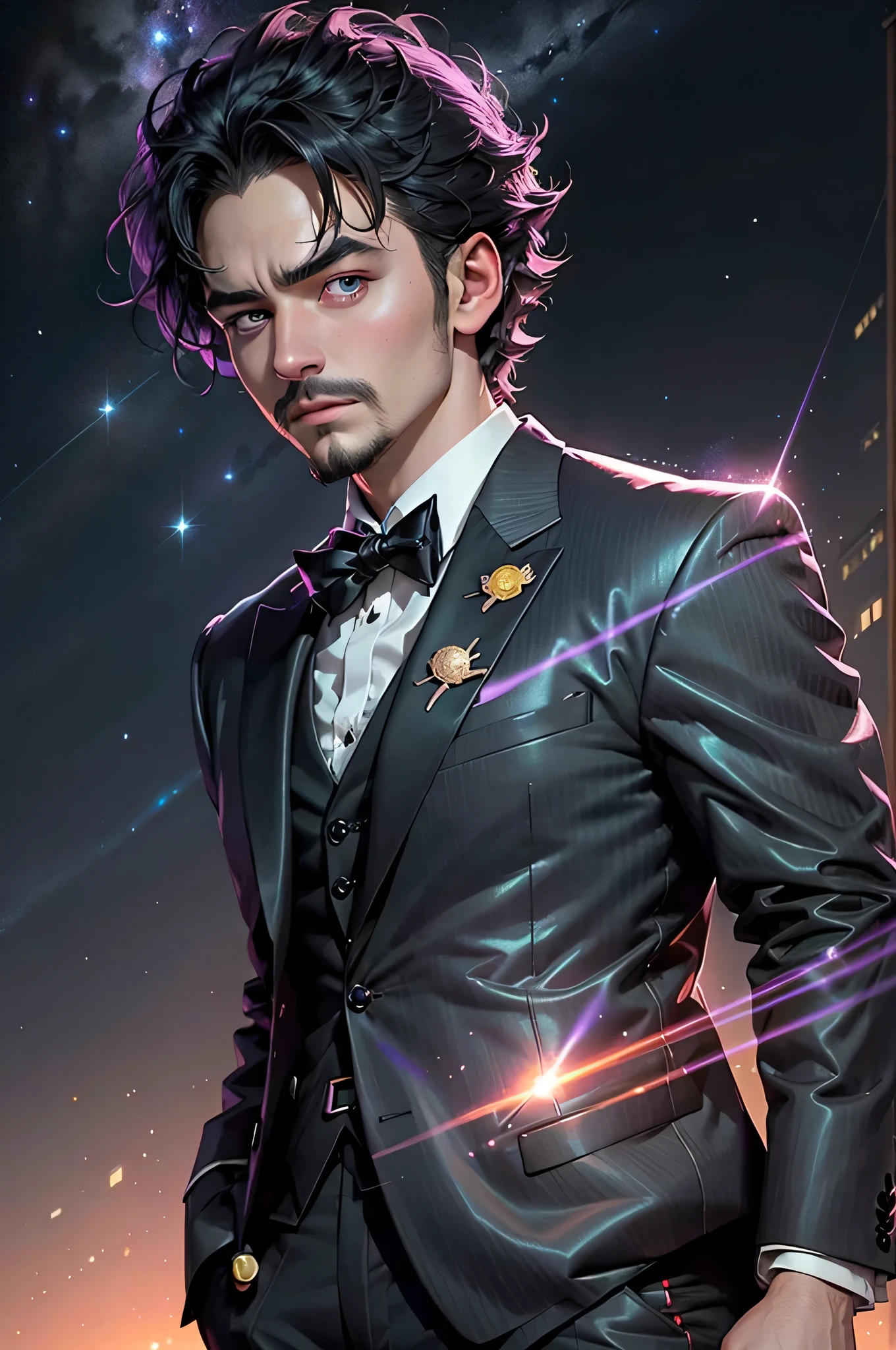 meitu, beetlejuice, anime, manga style, alex brightman starring as beetlejuice,1boy, aurora, beard, black bow, black bowtie, bow, bowtie, facial hair, formal, green eyes, purple hair, male focus, mustache, night, night sky, realistic, shooting star, sky, solo, space, sparkle, star (sky), starry sky, suit, tuxedo, wlop, guweiz, meitu